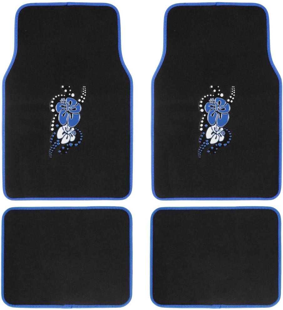 BDK Design Patch Carpet Front Floor Mats and Rear Floor Mats - Blue Hawaiian Flower