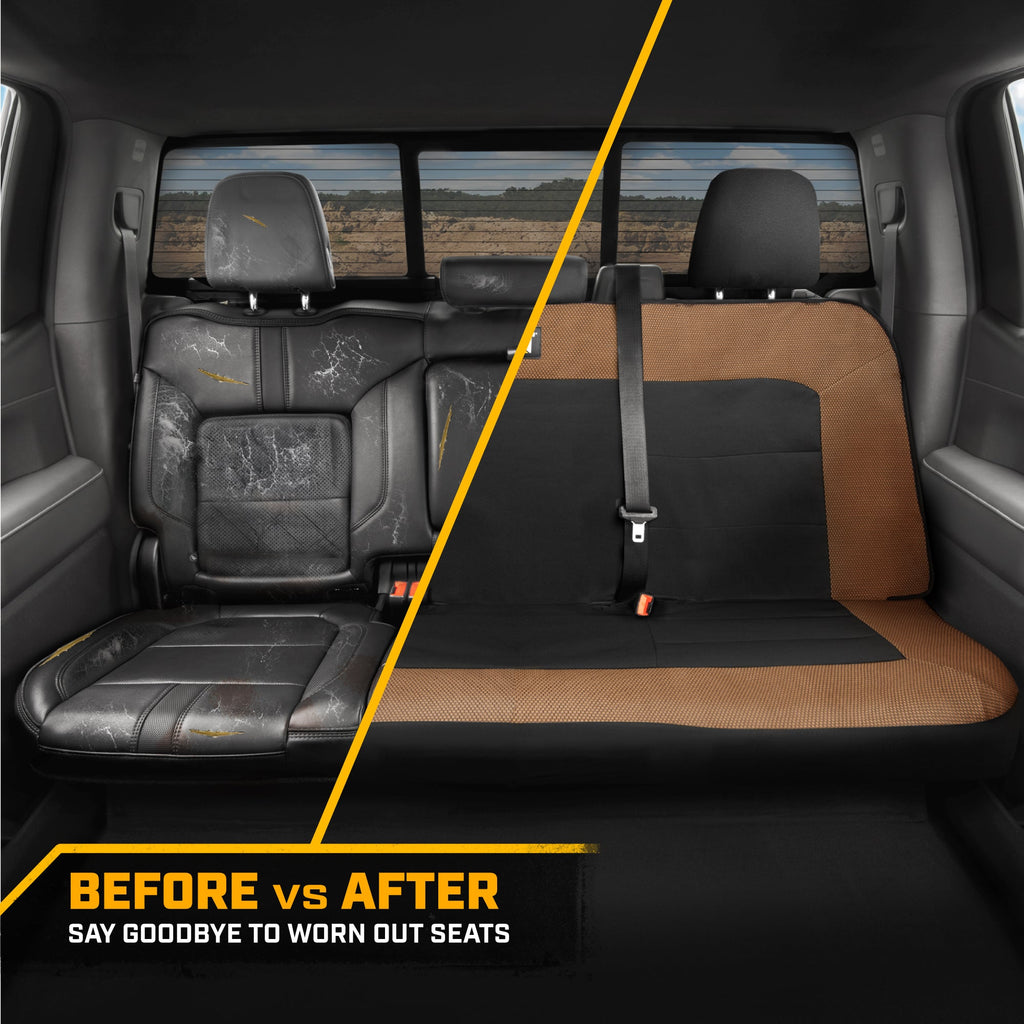 Cat Flexfit Beige & Black Rear Seat Cover for Car – Durable Canvas & Mesh Design 60/40 Split Bench Protector for Cars, Trucks & SUVs – Back Seat Cover for Rear Bench – Interior Car Accessory