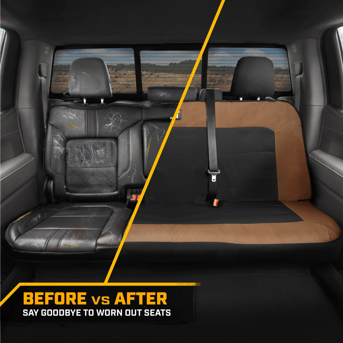 Cat Flexfit Beige & Black Rear Seat Cover for Car – Durable Canvas & Mesh Design 60/40 Split Bench Protector for Cars, Trucks & SUVs – Back Seat Cover for Rear Bench – Interior Car Accessory
