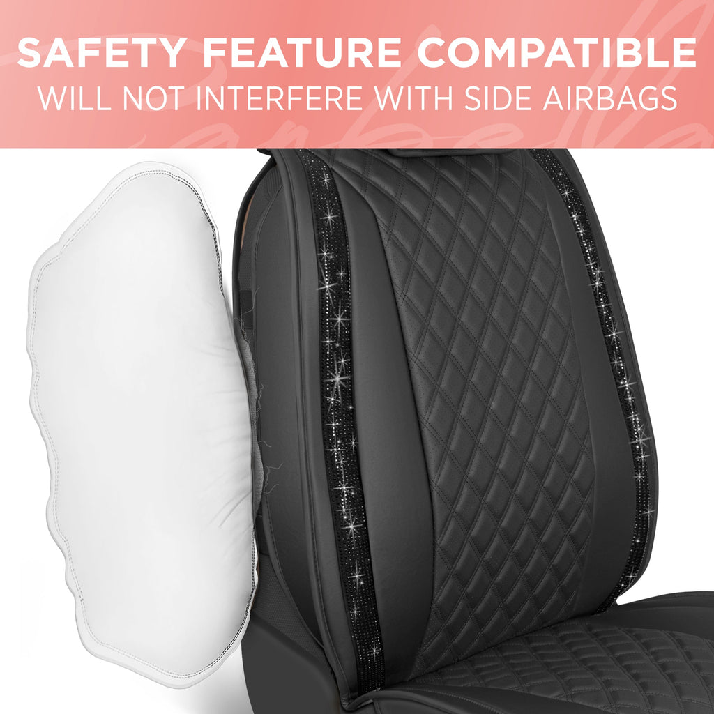BlingStitch™ Car Seat Covers for Front Seats - Luxurious Vegan Leather Seat Covers for Cars with Black Bling Crystals, Premium Automotive Seat Covers for SUV, Trucks, Car Bling Luxury