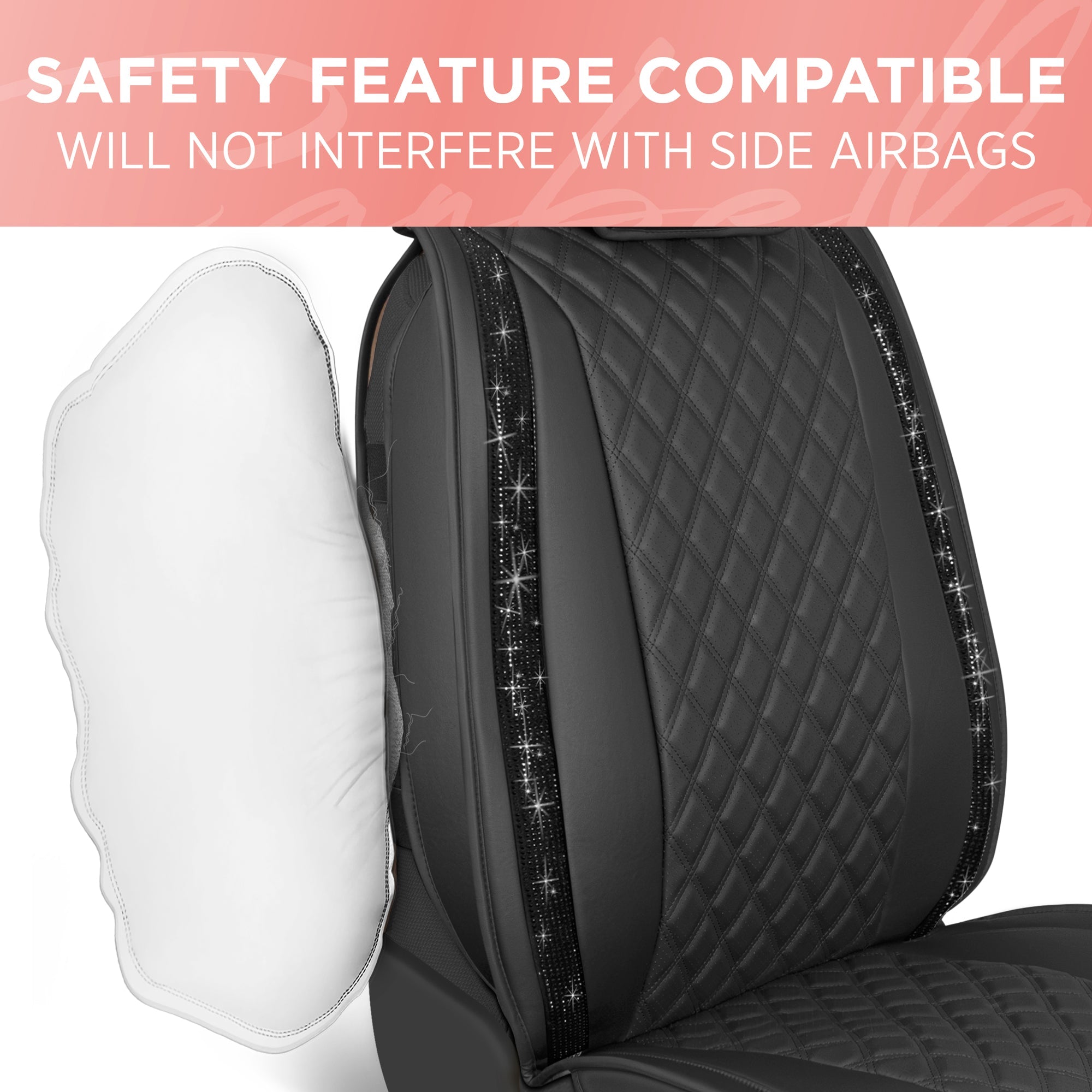 BlingStitch™ Car Seat Covers for Front Seats - Luxurious Vegan Leather Seat Covers for Cars with Black Bling Crystals, Premium Automotive Seat Covers for SUV, Trucks, Car Bling Luxury
