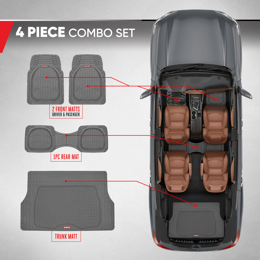 MotorTrend 4-Piece FlexTough Deep Dish Front Floor Mats, Rear Floor Mat, and Trunk/Cargo Mat - Heavy Duty, All Weather, Trim to Fit