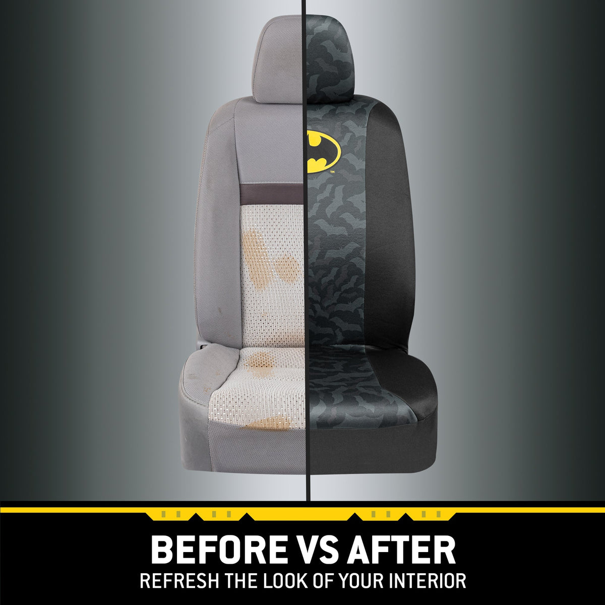 Warner Bros DC Comics 2-Pack Batman Logo with Bat Background Front Seat Covers and 2-Pack Batman Logo Seat Belt Pads