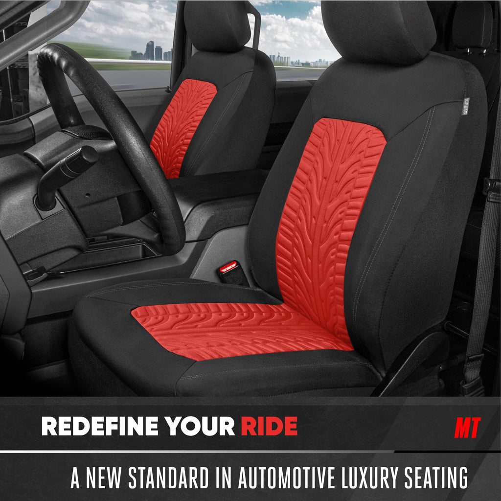 Motor Trend GrandPrix Seat Covers for Cars, 2-Pack Black & Red Tire Tread Embossed Car Seat Covers for Front Seats, Automotive Interior Covers for Car Truck Van SUV