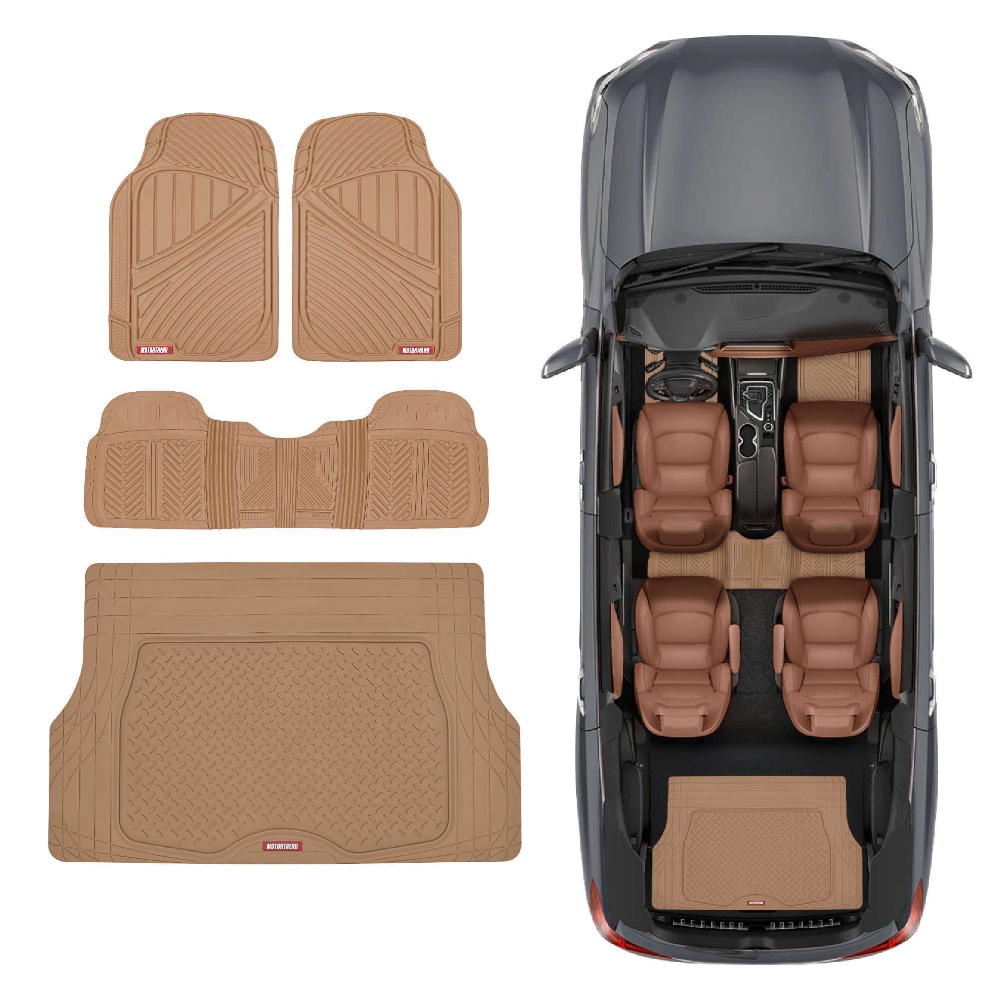 MotorTrend 4-Piece FlexTough Performance Deep Channel Front Floor Mats, Rear Floor Mat, and Trunk/Cargo Mat - Heavy Duty, All Weather, Trim to Fit