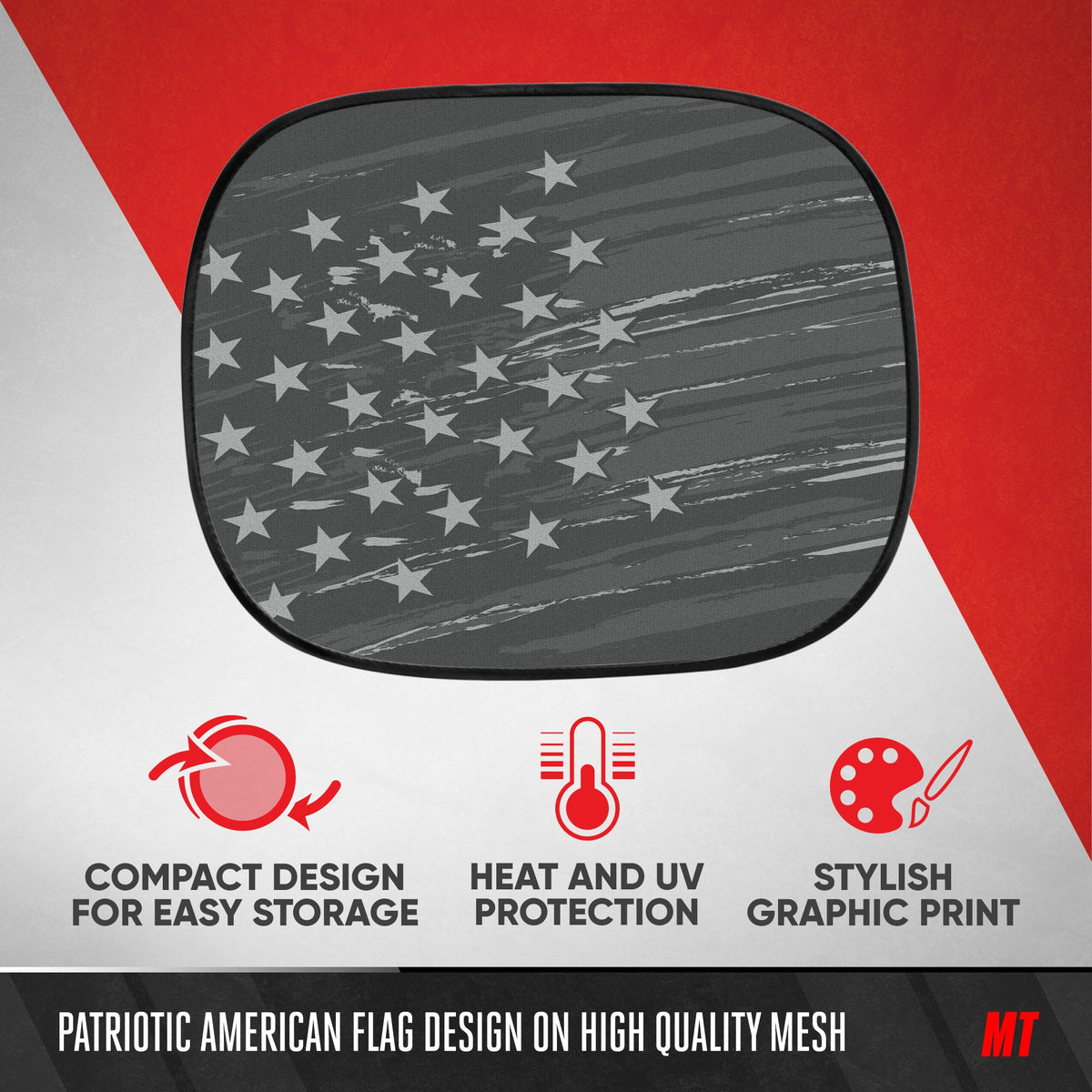 MotorTrend 2-Pack EasyCling American Vintage Black US Flag Window Sunshades (18" x 14")