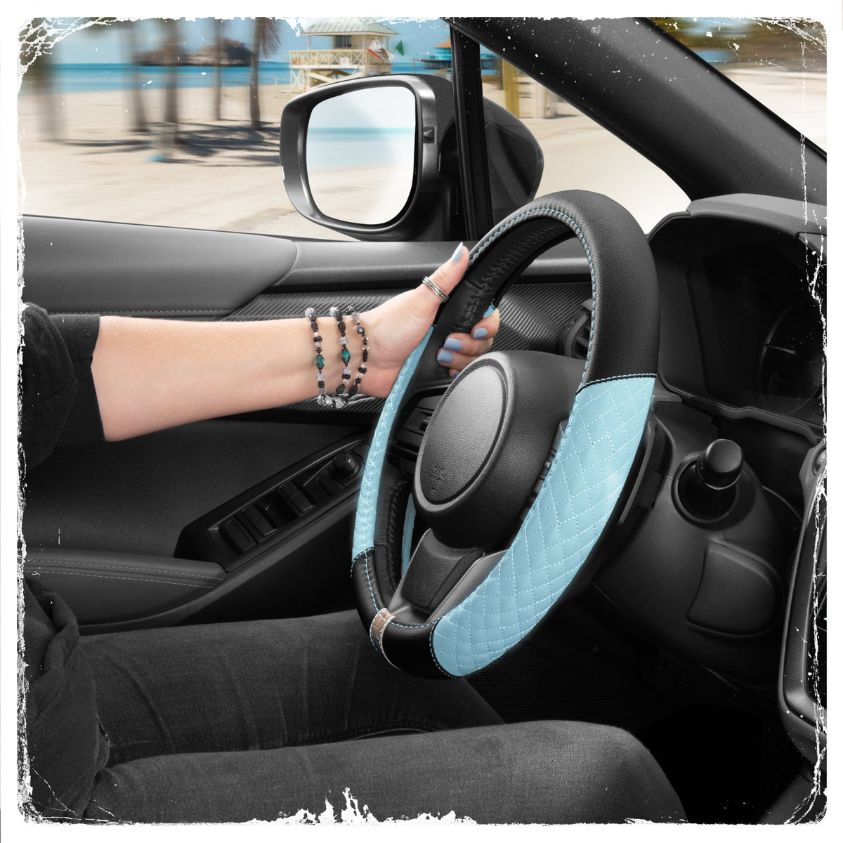 C&C California Car Steering Wheel Cover Blue Diamond Quilt, Non Slip Leather Steering Wheel Cover for Women Men, Cute Comfortable Soft Easy Installation Universal Fit (Fits 14.5"-15.5" Inches)