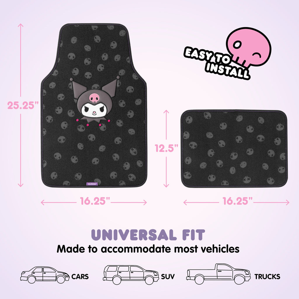 Kuromi Carpet Car Floor Mats - Universal Fit for Cars, SUVs & Trucks - Black with Kuromi Print & Purple, Pink Accents - Front & Rear Set, 4 Piece