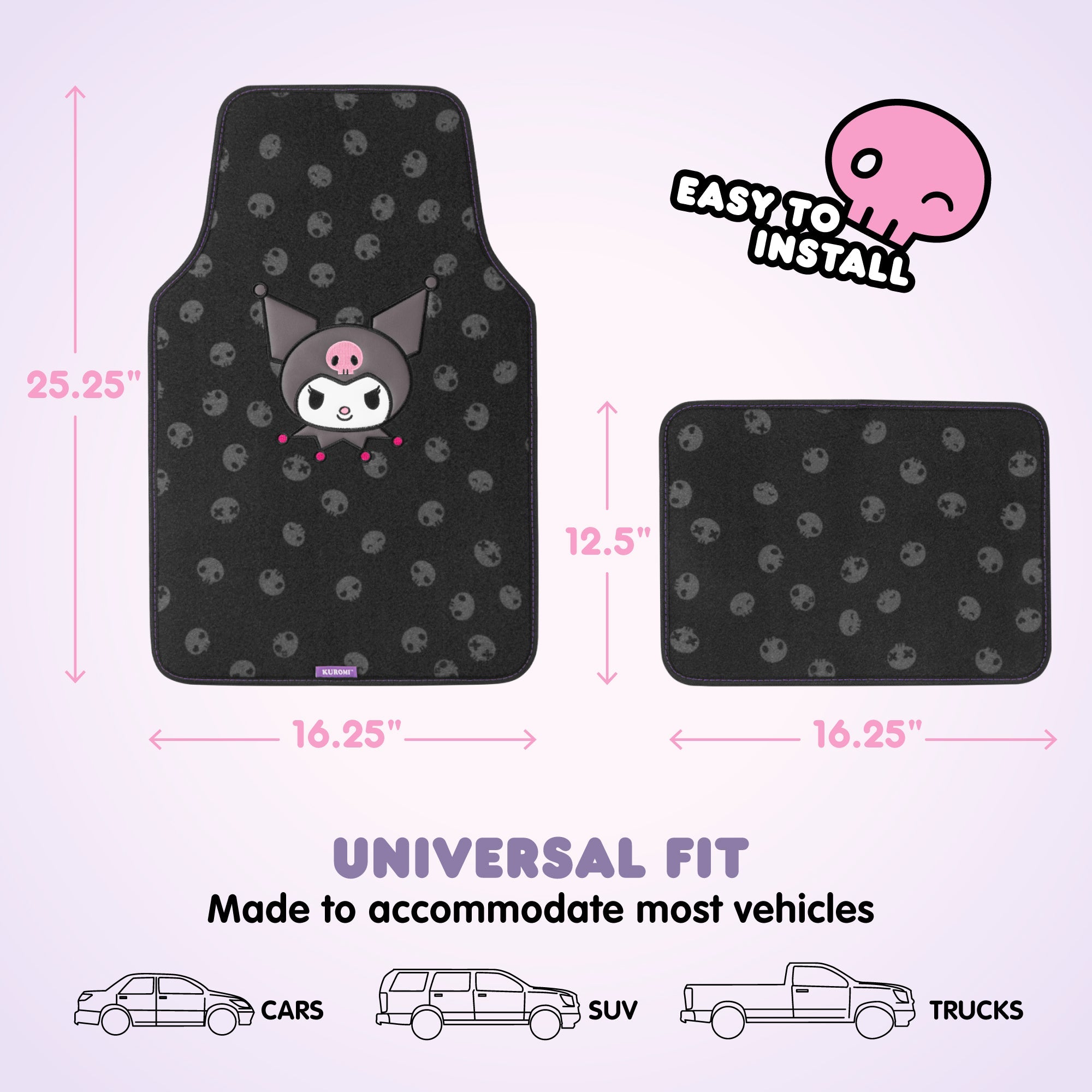 Kuromi Carpet Car Floor Mats - Universal Fit for Cars, SUVs & Trucks - Black with Kuromi Print & Purple, Pink Accents - Front & Rear Set, 4 Piece