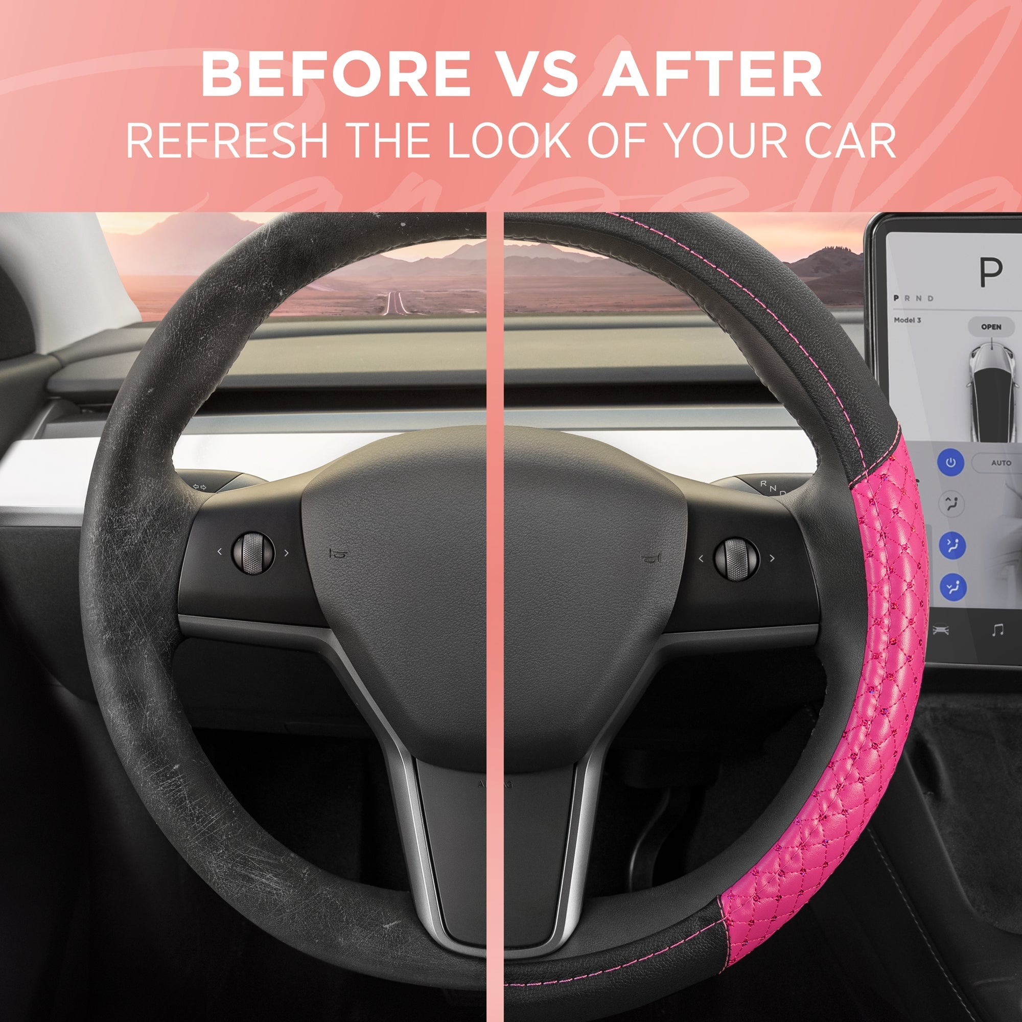 Carbella Pink Sequin Stitched with Crystals Steering Wheel Cover (Fits 14.5" - 15.5")
