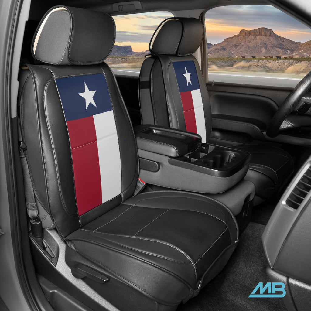 MotorBox Texas Edition Faux Leather Black & Flag Seat Covers for Car - Texas Flag on Cushioned Seat Protectors for Automotive Accessories, Trucks, SUV, Car - Two Front Covers