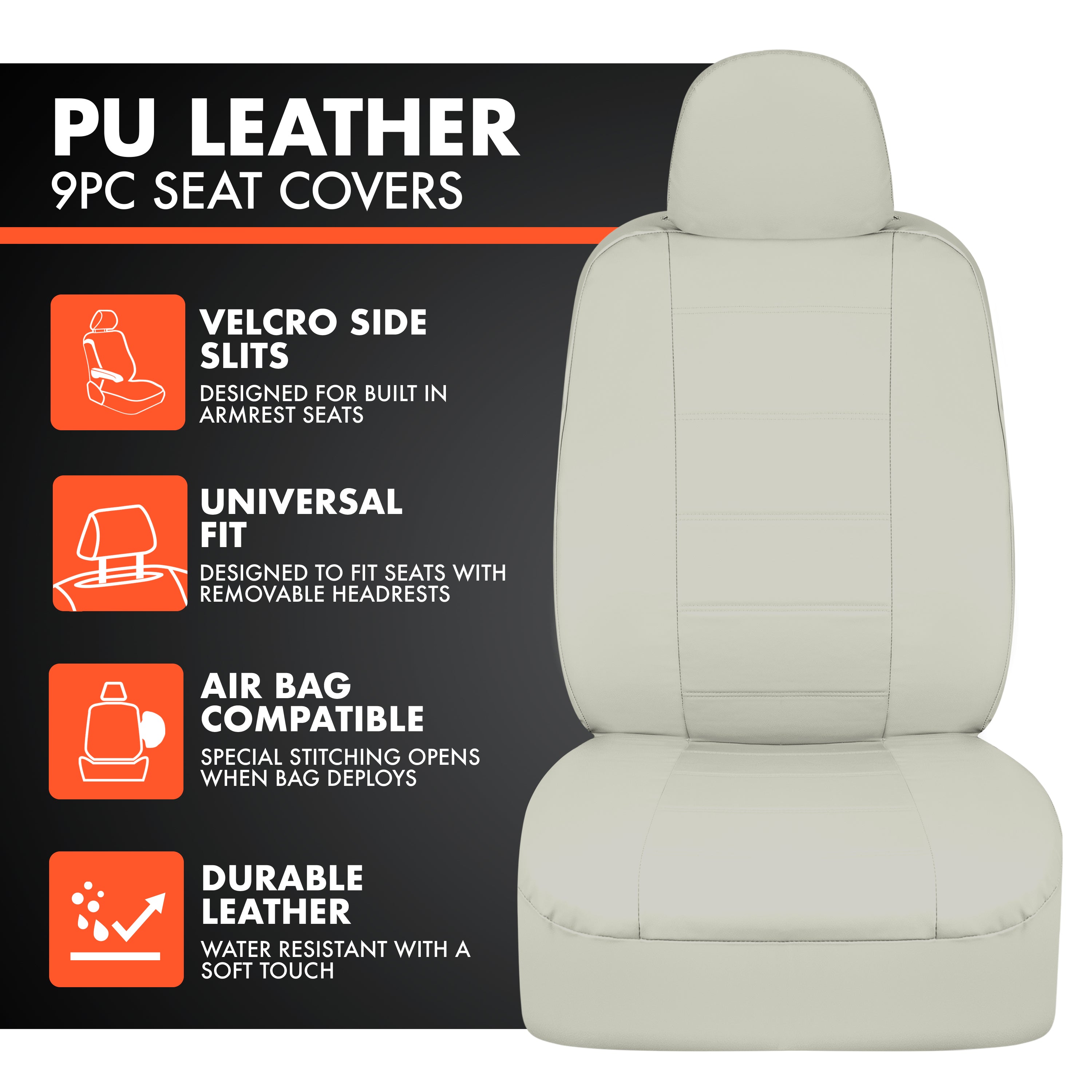 BDK 9-Piece White Leather Car Seat Cover Full Set, Front Seat Cover and Rear Bench Seat Cover, Universal Fit Car Seat Covers for Cars Trucks SUVs Vans, Complete Full Coverage Protection For Vehicles