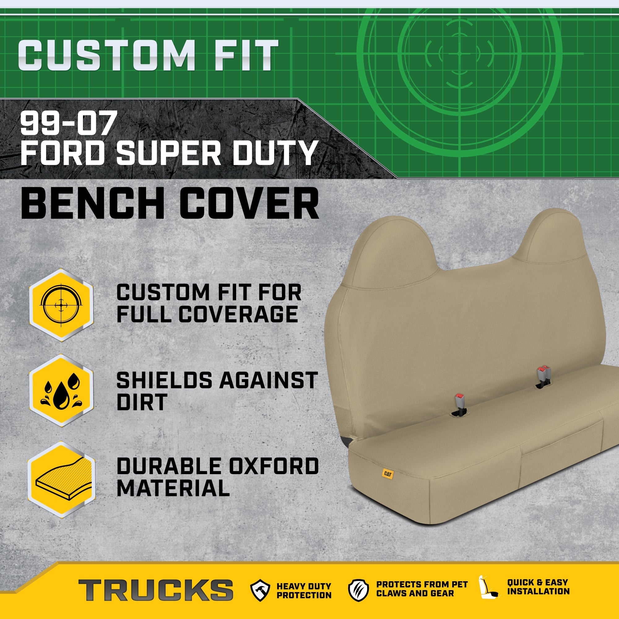 Cat® Custom Fit Front Bench Seat Cover for Ford F250 / F350 / F450 / F550 (1999-2007) - Durable Oxford Beige Truck Seat Cover with Utility Pockets, Ford F250 Super Duty Interior Cover