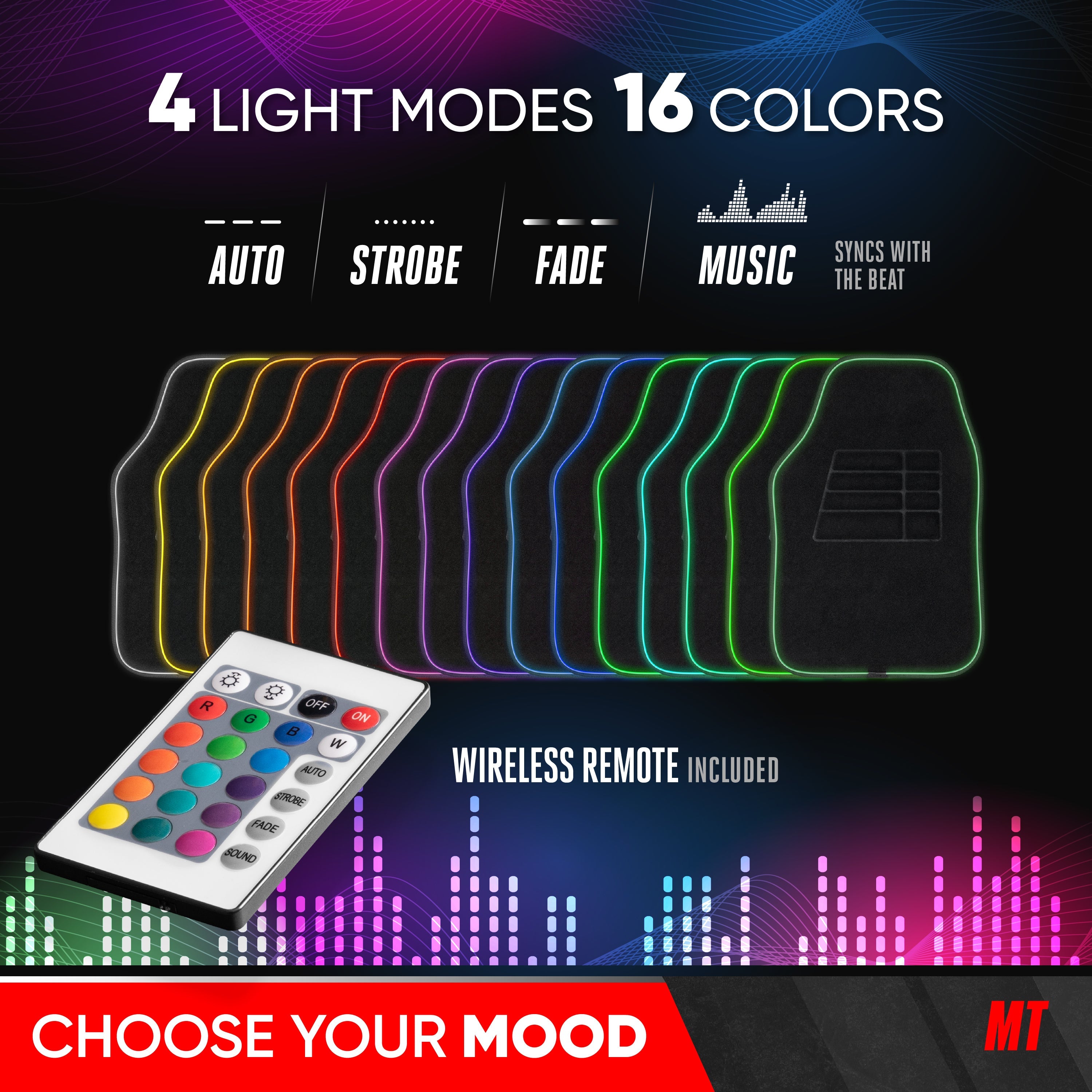 MotorTrend 2-Piece RGB LED Front Floor Mats, 16 Colors 4 Light Modes