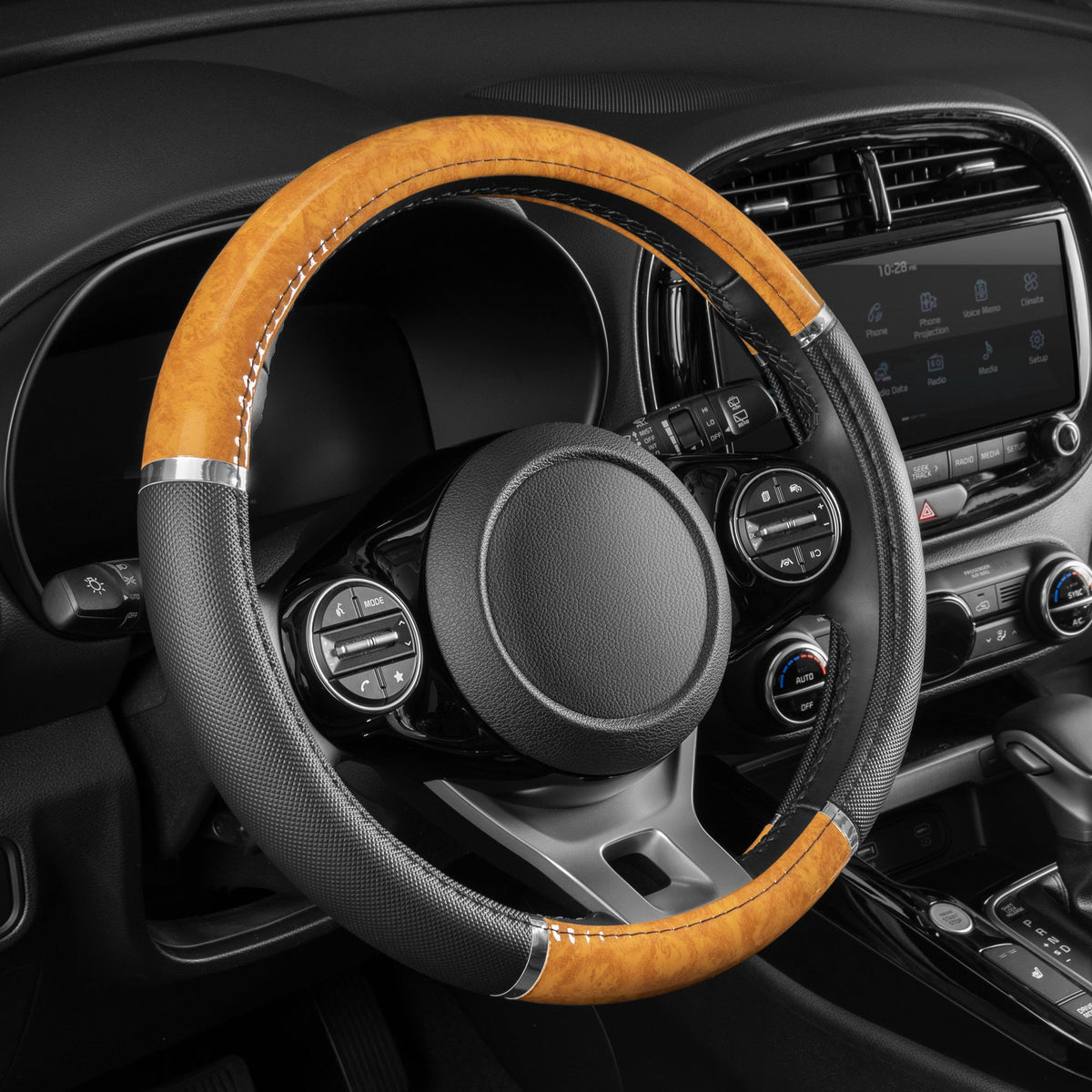 BDK Two-Tone Chrome Wood Grain Steering Wheel Cover (Fits 14.5" - 15.5") - Black/Beige