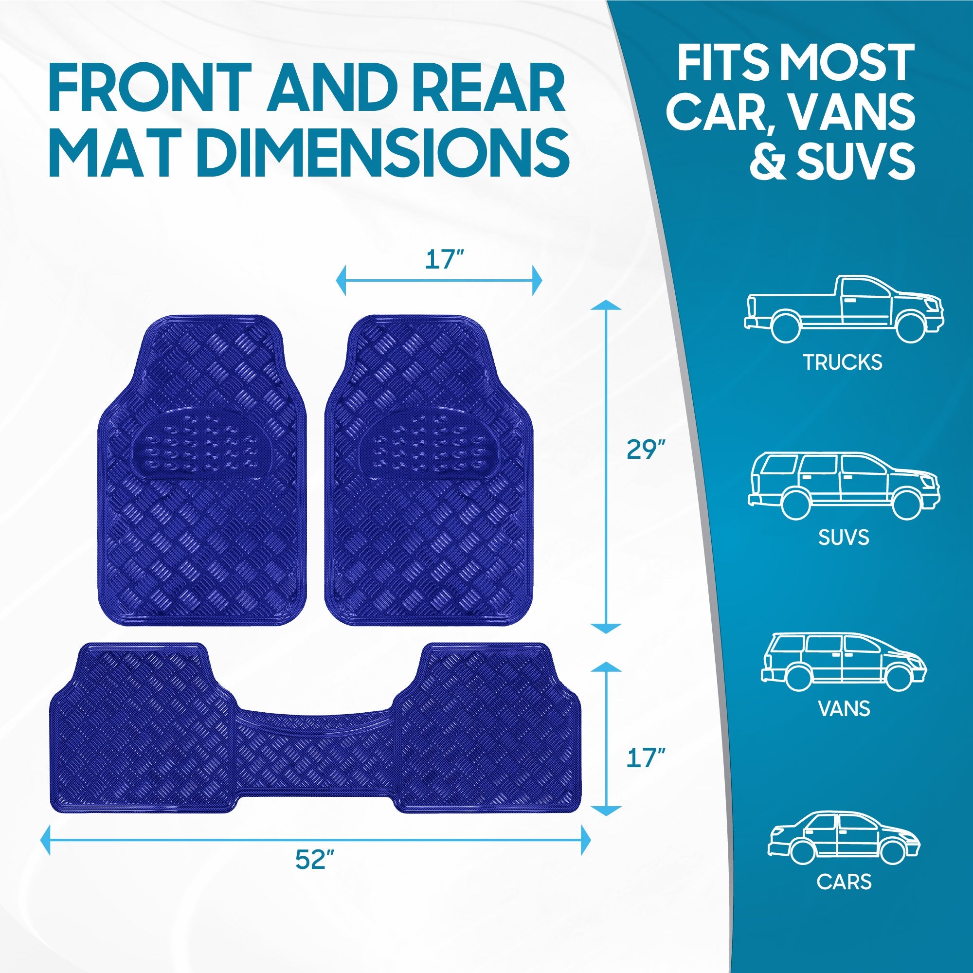 BDK 3-Piece Translucent Metallic-Look Front Floor Mat and Rear Floor Mat - Heavy Duty, All Weather