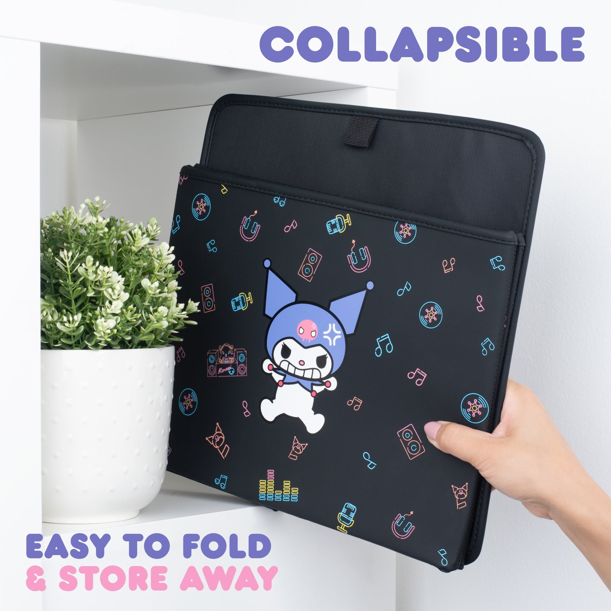Sanrio Kuromi Car Trunk Organizer and Storage Bin - Collapsible Compartment, Heavy Duty, Fold Up for Easy Storage, Automotive Seat Cargo for Groceries Tools - 12.5L x 12.5W x 9H
