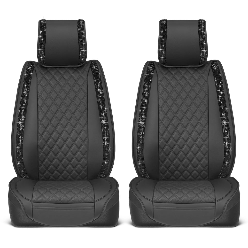 BlingStitch™ Car Seat Covers for Front Seats - Luxurious Vegan Leather Seat Covers for Cars with Black Bling Crystals, Premium Automotive Seat Covers for SUV, Trucks, Car Bling Luxury