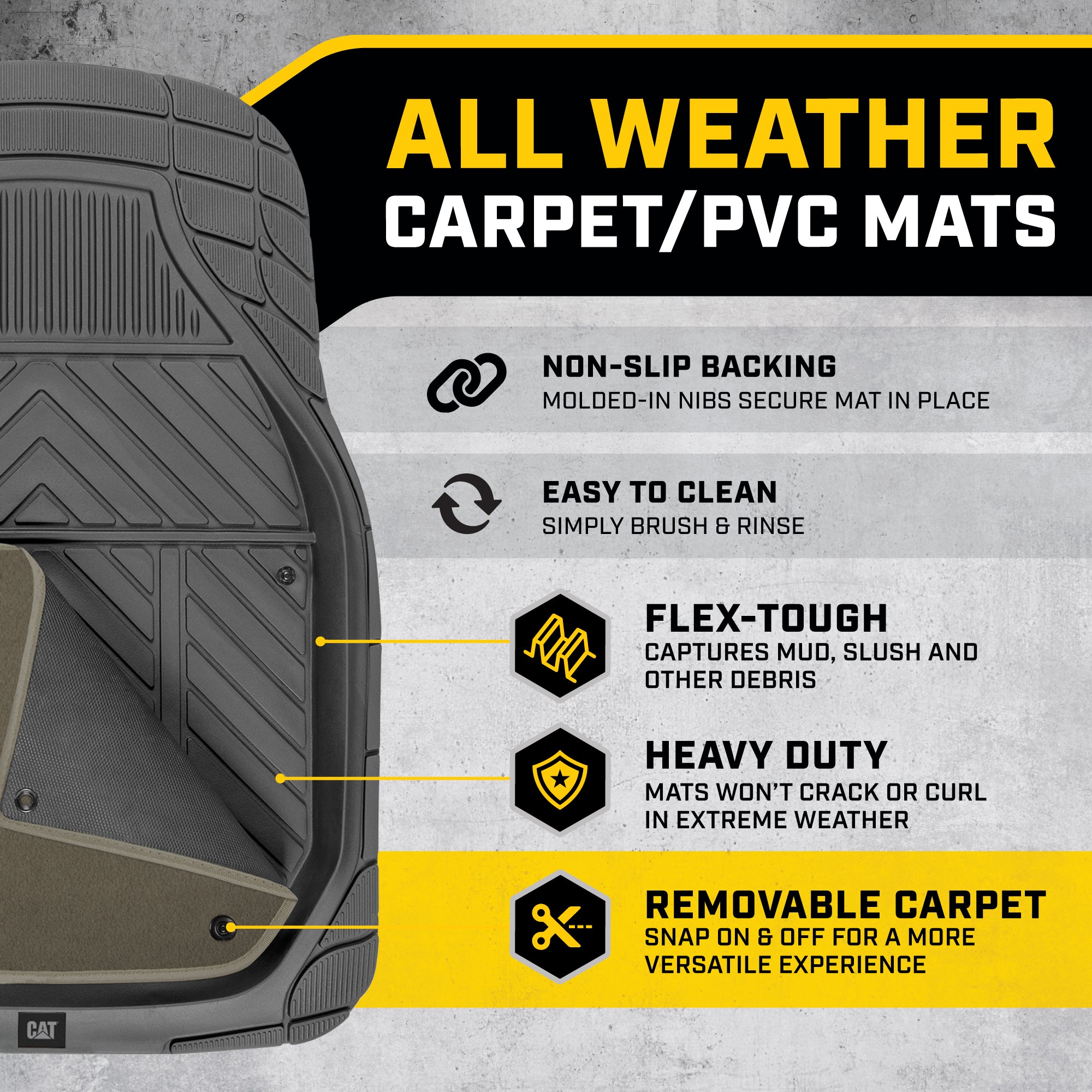 CAT 4-Piece Detachable Carpet Deep Dish Front Floor Mats and Rear Floor Mats - Heavy Duty, All Weather, Trim to Fit