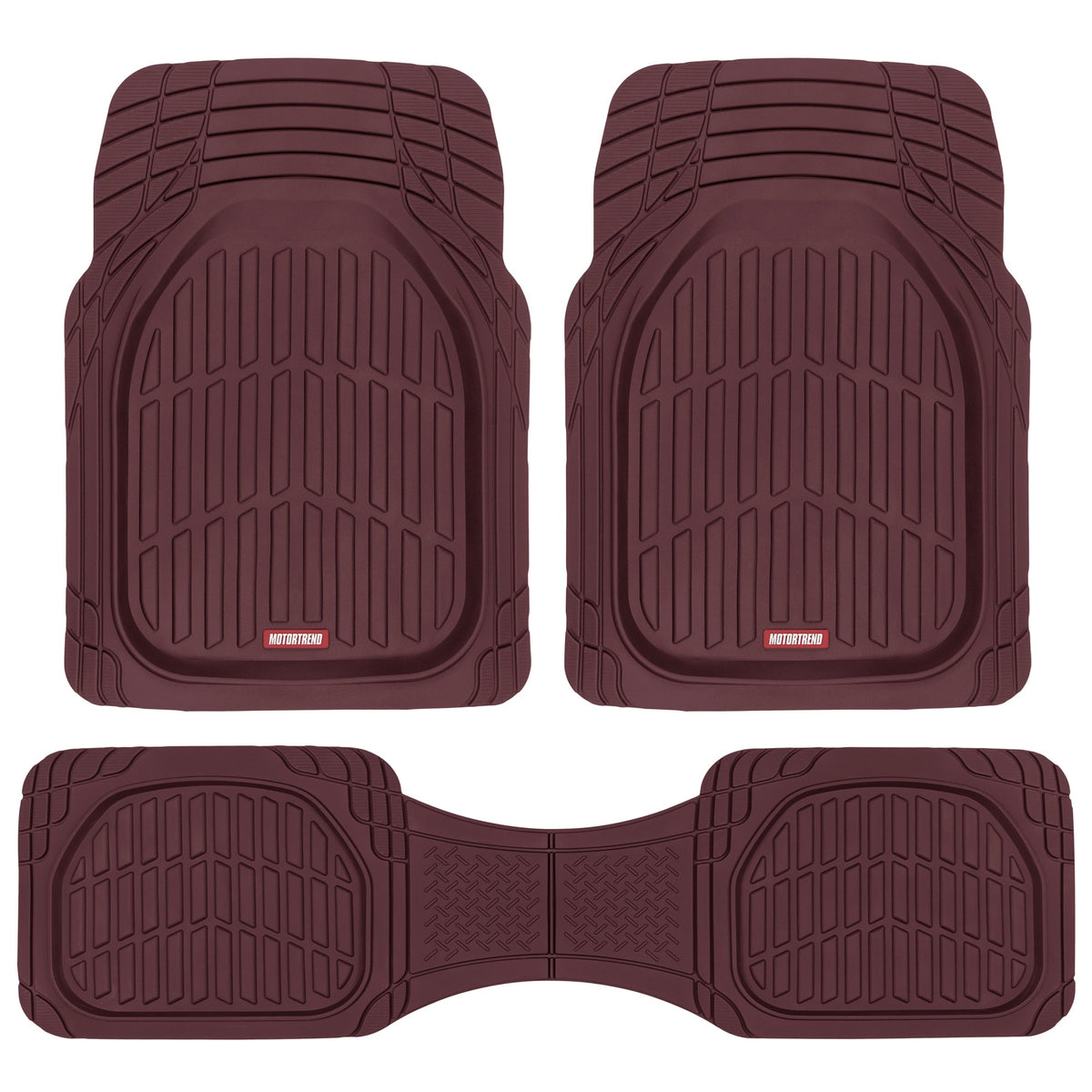 MotorTrend 3-Piece FlexTough Deep Dish Front Floor Mats and Rear Floor Mat - Heavy Duty, All Weather, Trim to Fit - Burgundy