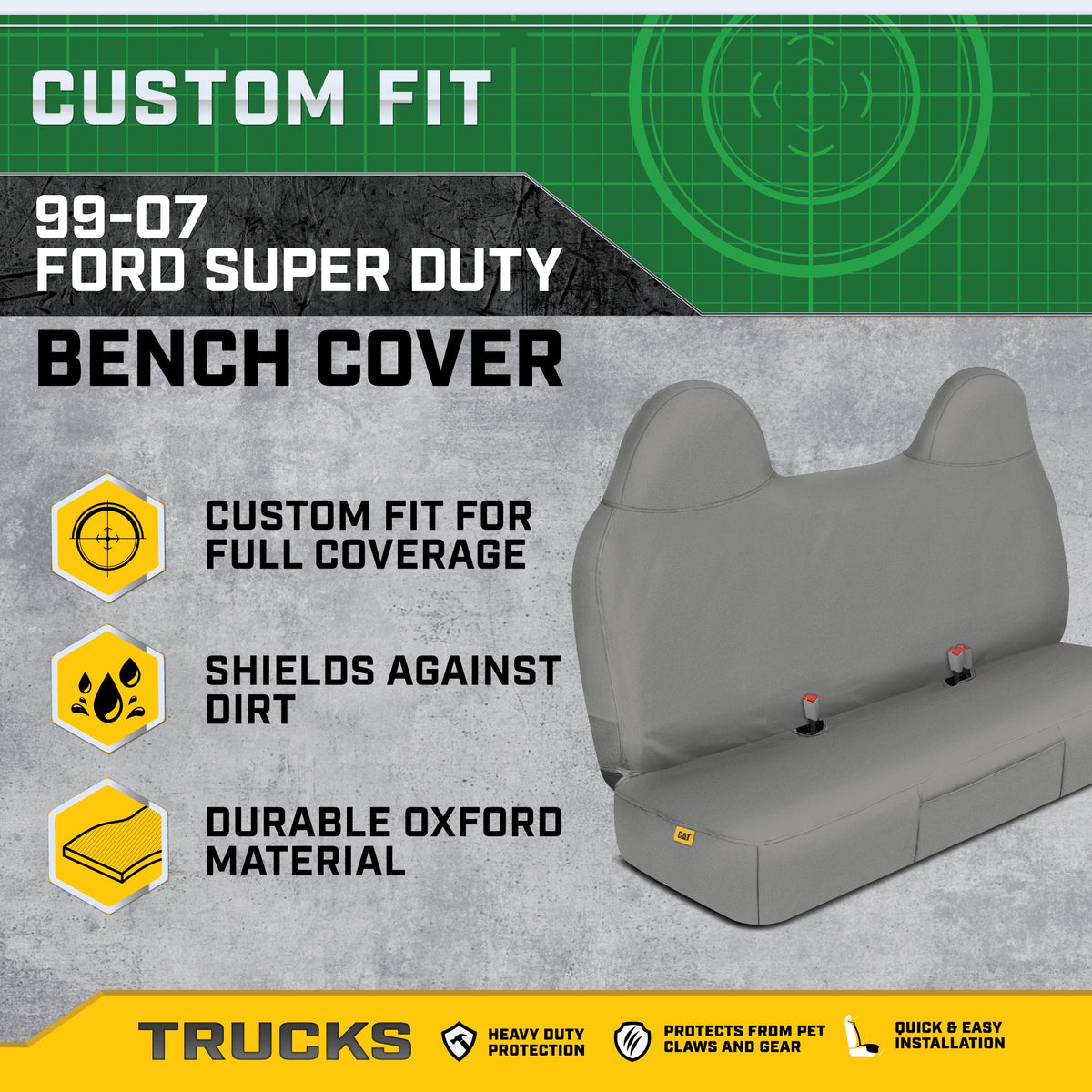 Cat® Custom Fit Front Bench Seat Cover for Ford F250 / F350 / F450 / F550 (1999-2007) - Durable Oxford Gray Truck Seat Cover with Utility Pockets, Ford F250 Super Duty Interior Cover