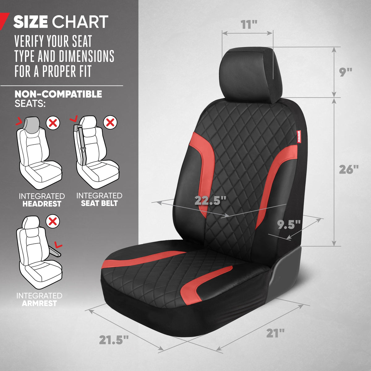 Motor Trend Faux Leather Seat Covers For Trucks, Cars, & SUV - Front Black & Red Car Seat Cover Set - Universal Fit For Most Automotives - Forros Para Asientos De Carro - CarSeat Covers Accessories