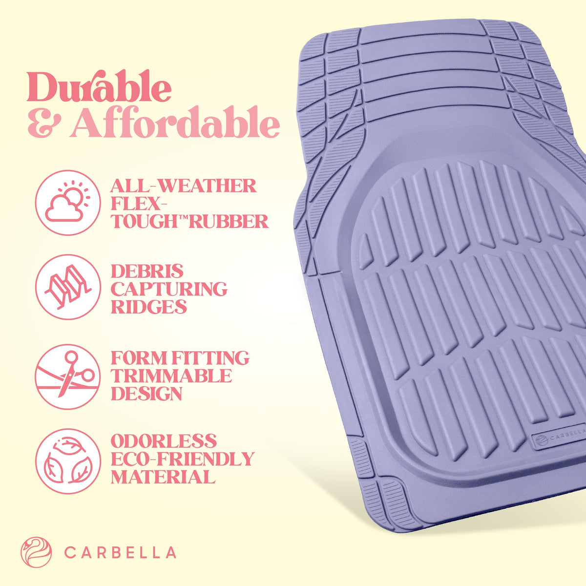 Carbella 3-Piece Front Floor Mats and Rear Floor Mats - Heavy Duty Deep Dish - Lavender