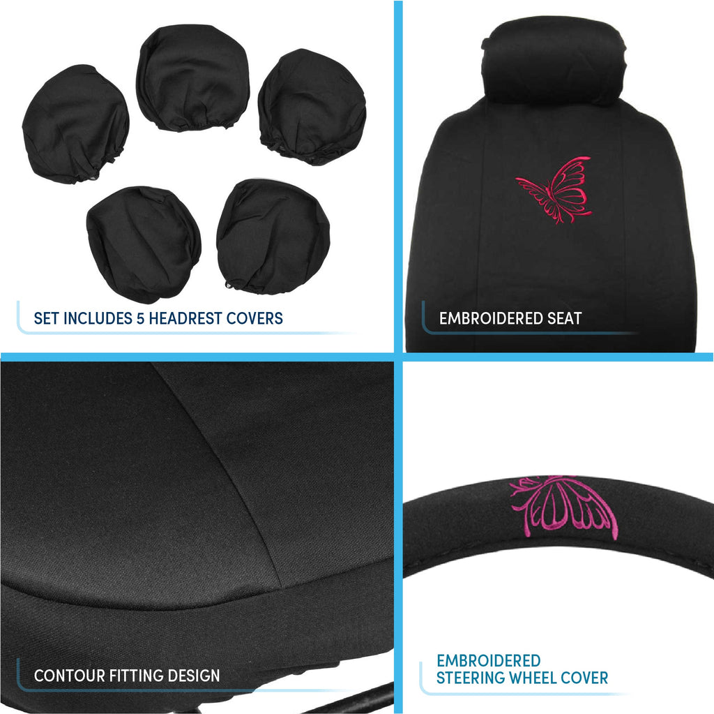 BDK 12-Piece Butterfly Front Seat Covers, Rear Seat Covers, Seat Belt Pads, and Steering Wheel Cover (Fits 14.5" - 15.5")