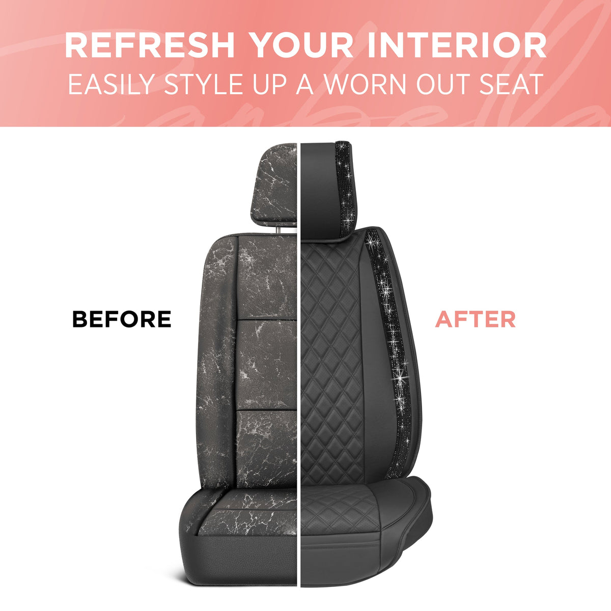 BlingStitch™ Car Seat Covers for Front Seats - Luxurious Vegan Leather Seat Covers for Cars with Black Bling Crystals, Premium Automotive Seat Covers for SUV, Trucks, Car Bling Luxury