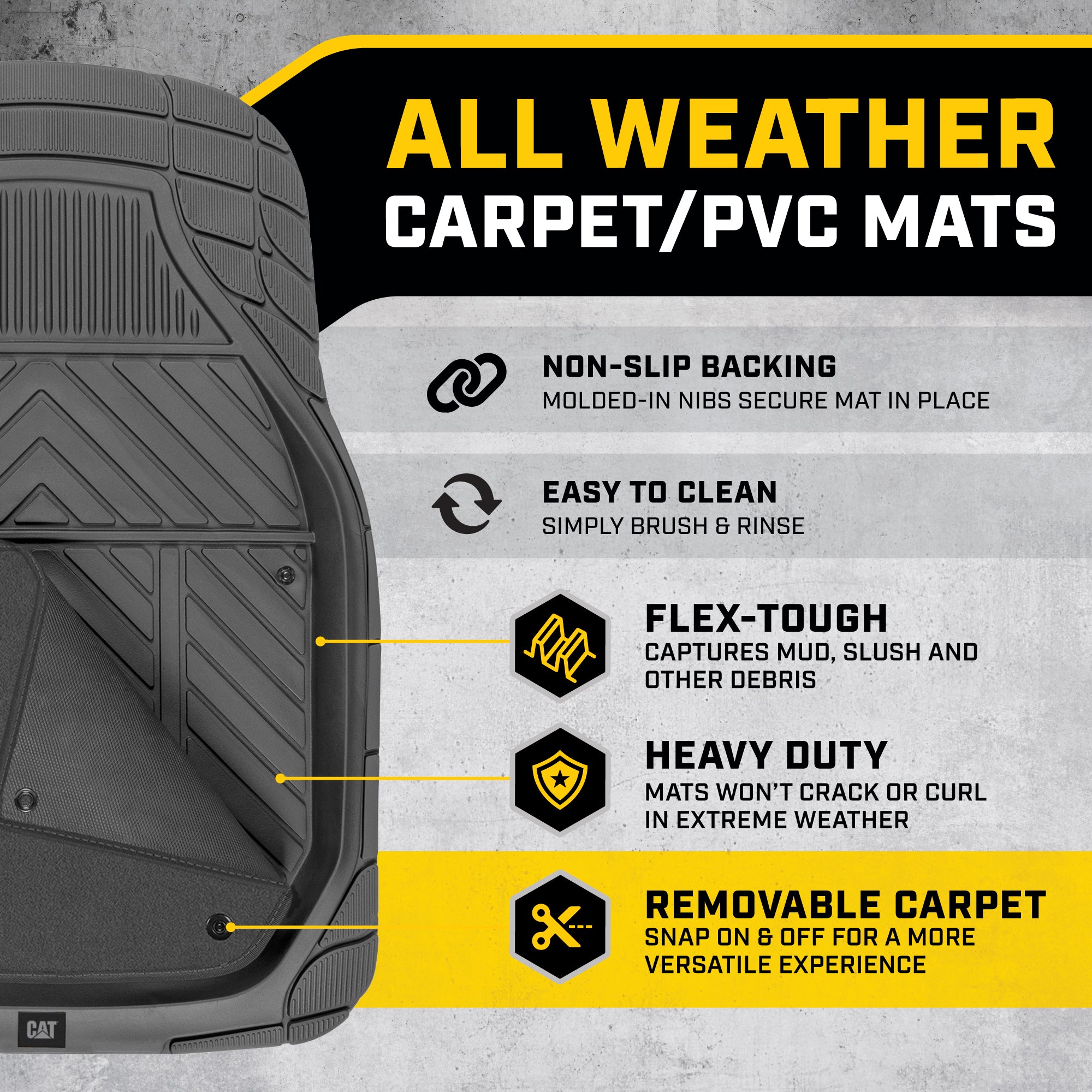 CAT 4-Piece Detachable Carpet Deep Dish Front Floor Mats and Rear Floor Mats - Heavy Duty, All Weather, Trim to Fit