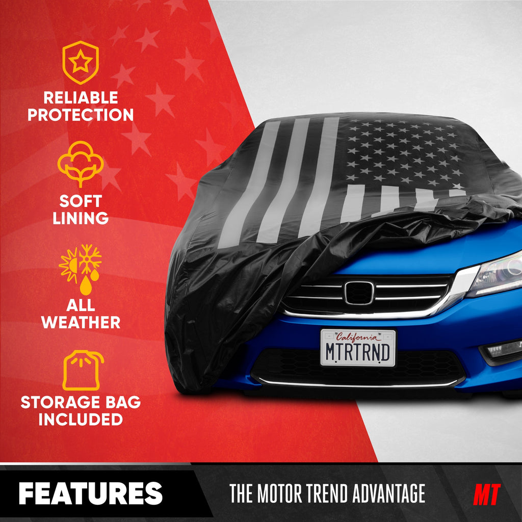 Motor Trend Black USA Flag Waterproof Car Cover - All Weather Outdoor Protection, UV Resistant, Windproof, Scratchproof - Semi-Universal Fit Sedan Full Car Cover for Sun Rain Snow (171"- 190" Length)