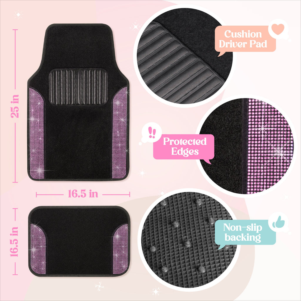 Carbella 4-Piece Diamond Bling Front Floor Mats and Rear Floor Mats - Light Pink