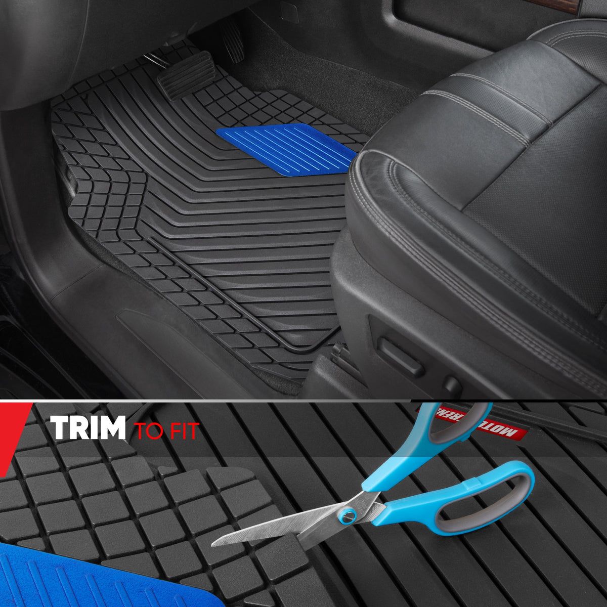 Motor Trend MetallicGuard Car Floor Mats Full Set - Durable Rubber Floor Mats with Blue Metallic Heel Pad, All-Weather Interior Protection for Front and Rear with Non-Slip Backing