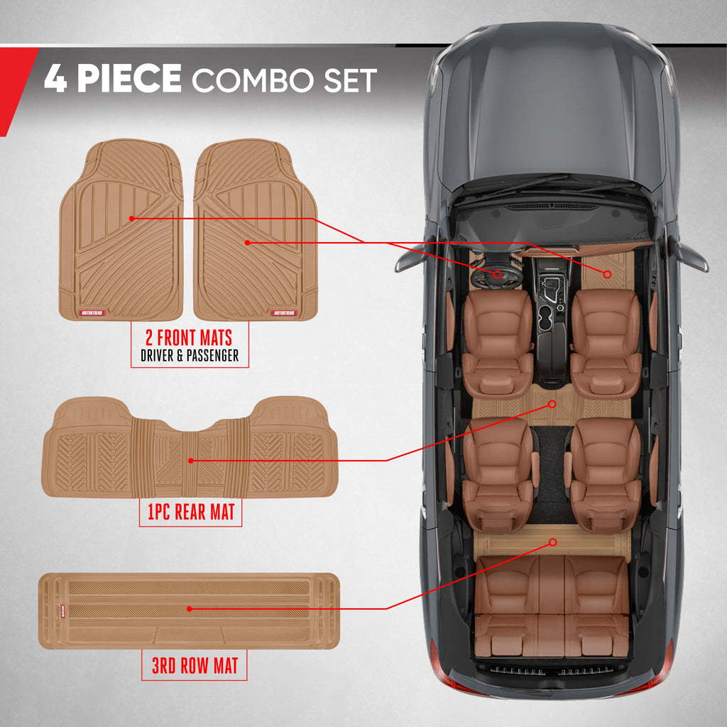 MotorTrend 4-Piece 3-Rows Extra-High Ridgeline Front Floor Mats, Middle Floor Mat, and Rear Floor Mat