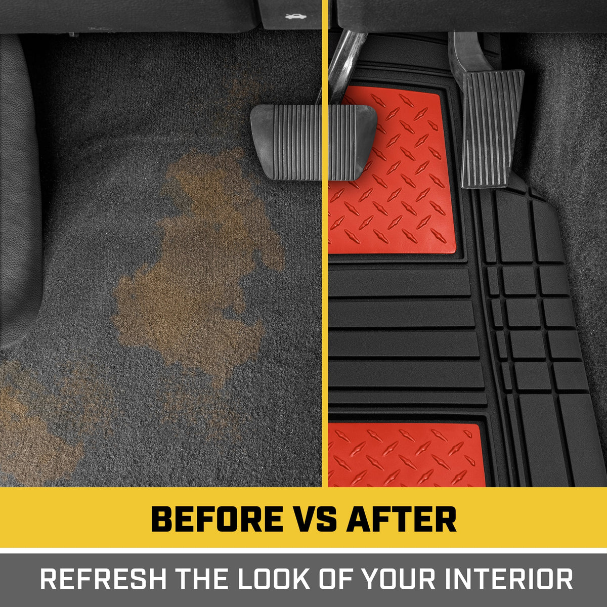 CAT 4-Piece Two-Tone Metallic-Look Front Floor Mats and Rear Floor Mats - Heavy Duty, All Weather, Trim to Fit