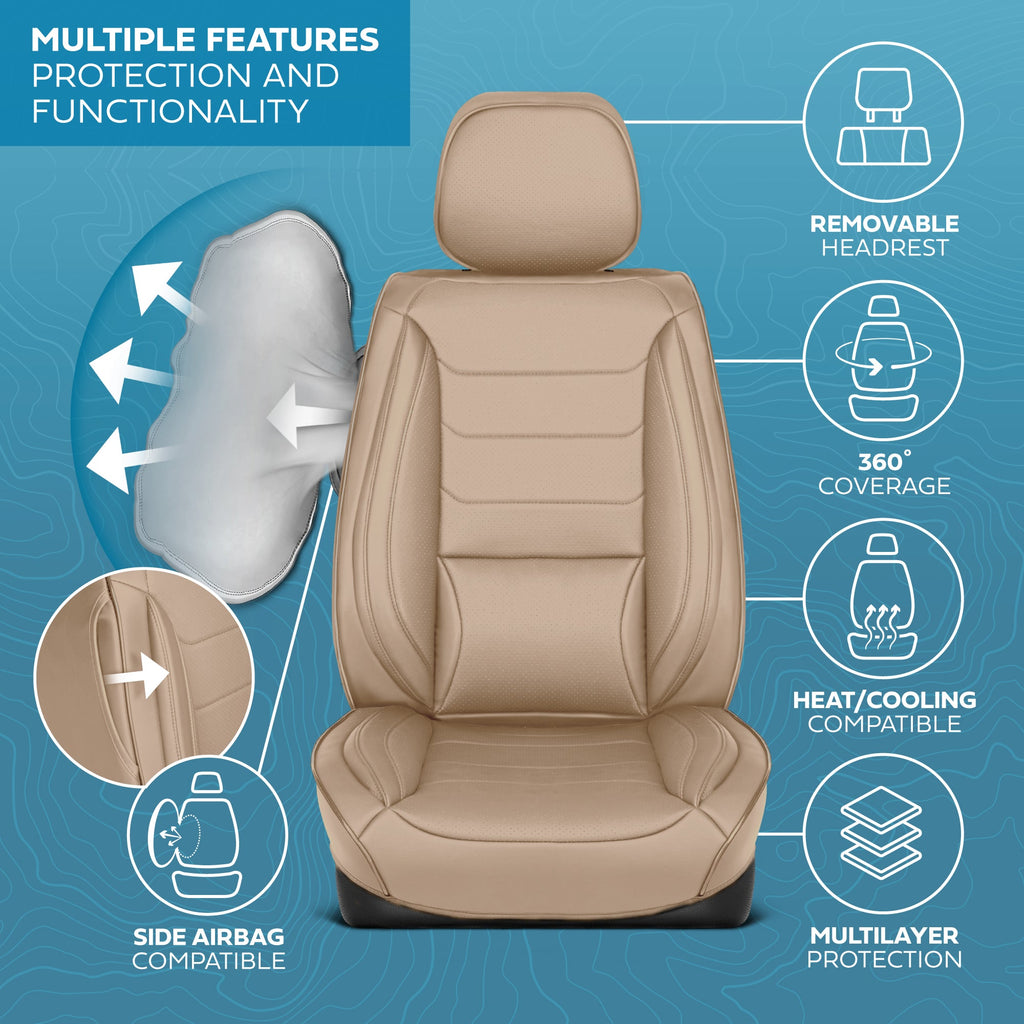 MotorBox Elite Edition Faux Leather Seat Covers for Cars, Trucks, & SUV - 2 Beige Car Seat Covers for Front Seats - Universal Fit Car Accessories Automotive Interior Cover Protector for Most Vehicles