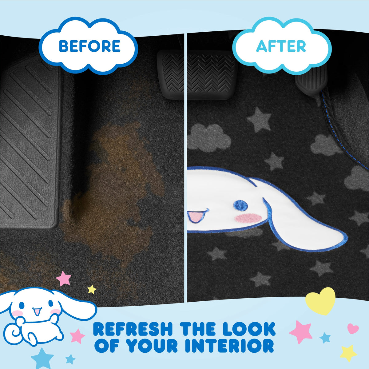 Cinnamoroll Carpet Car Floor Mats - Universal Fit for Cars, SUVs & Trucks - Super Cute Cinnamoroll Print & Pattern Accents - Front & Rear Set, 4 Piece