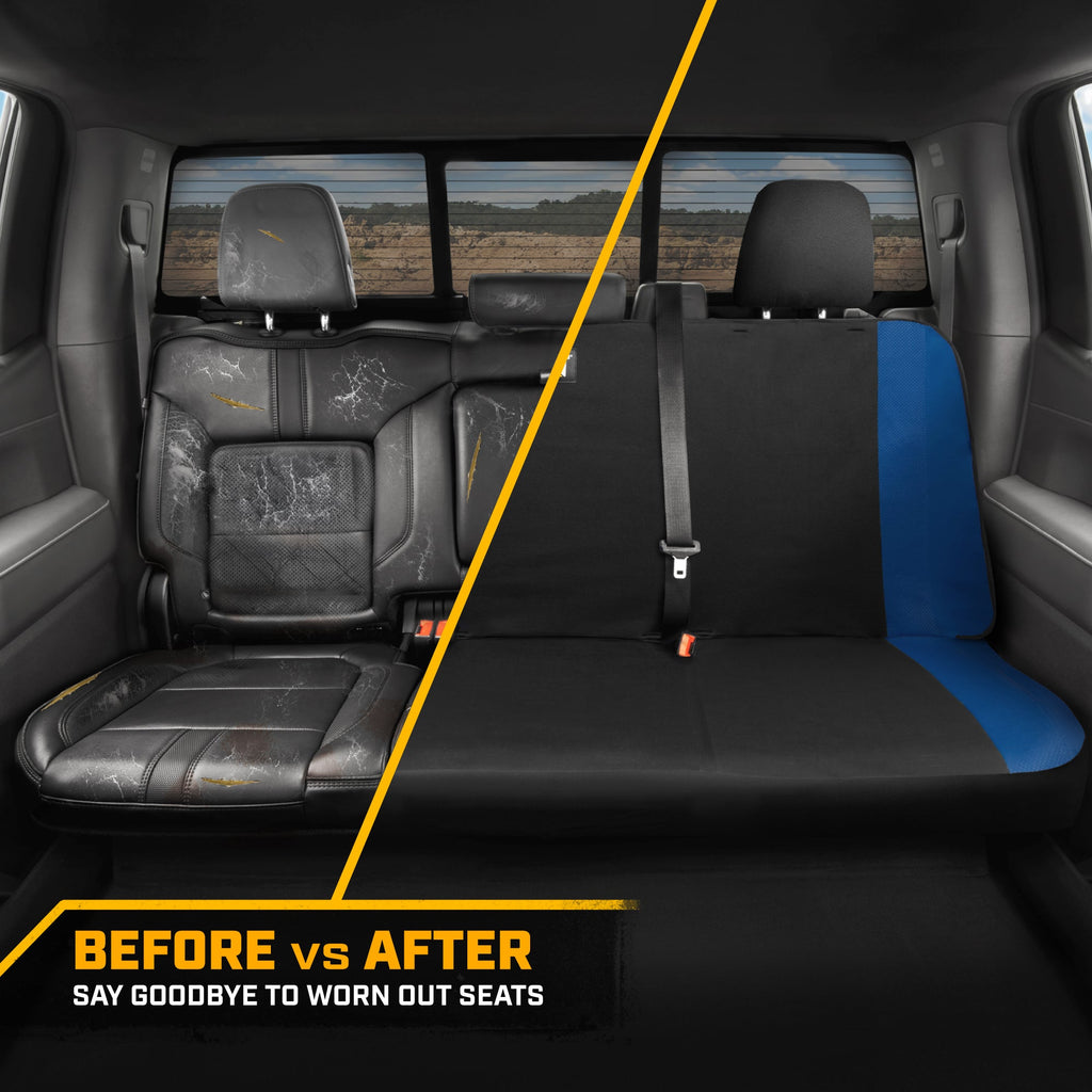 Cat Flexfit Blue Rear Seat Cover for Car – Durable Canvas & Mesh Design 60/40 Split Bench Protector for Cars, Trucks & SUVs – Back Seat Cover for Rear Bench – Interior Car Accessory