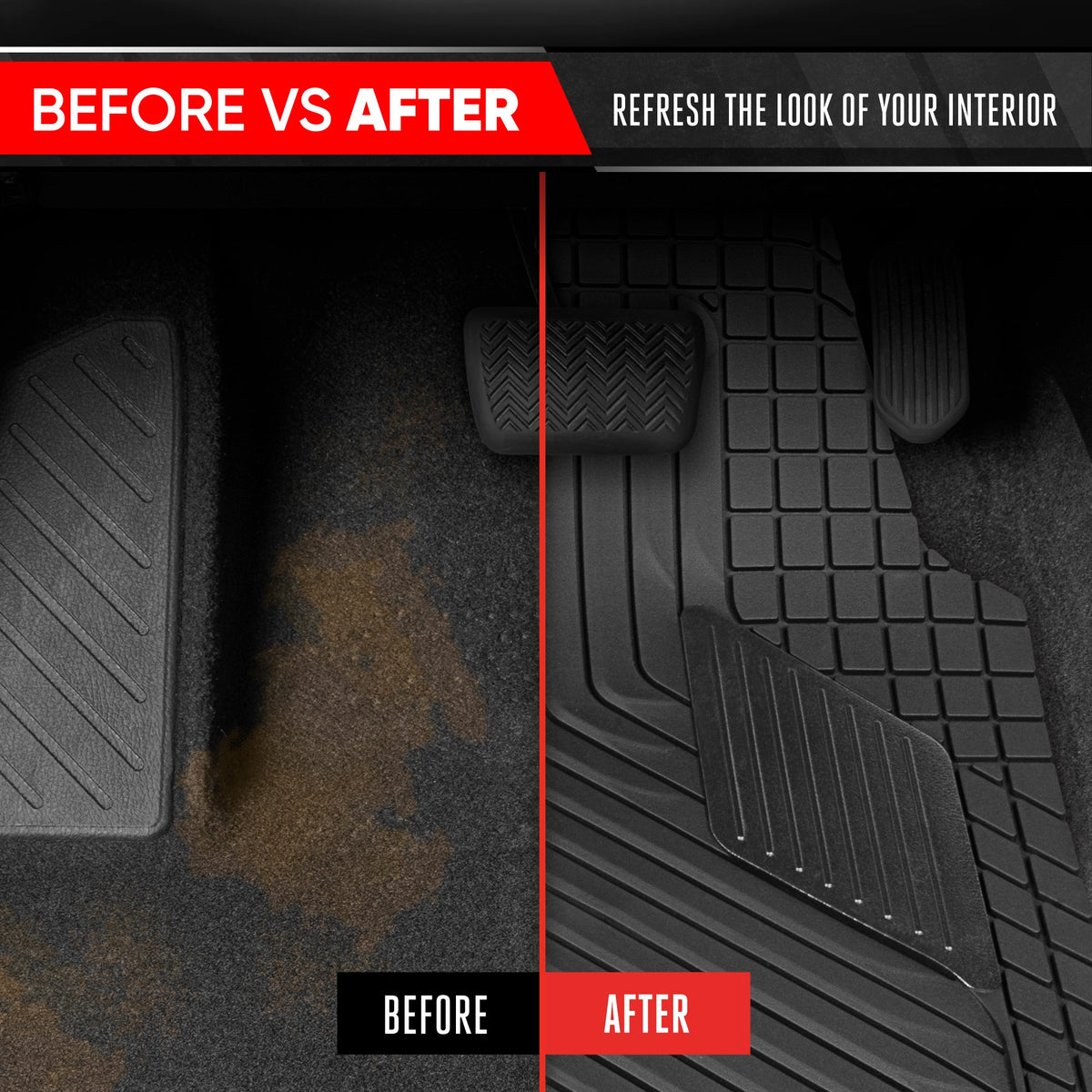 Motor Trend MetallicGuard Car Floor Mats Full Set - Durable Rubber Floor Mats with Black Metallic Heel Pad, All-Weather Interior Protection for Front and Rear with Non-Slip Backing