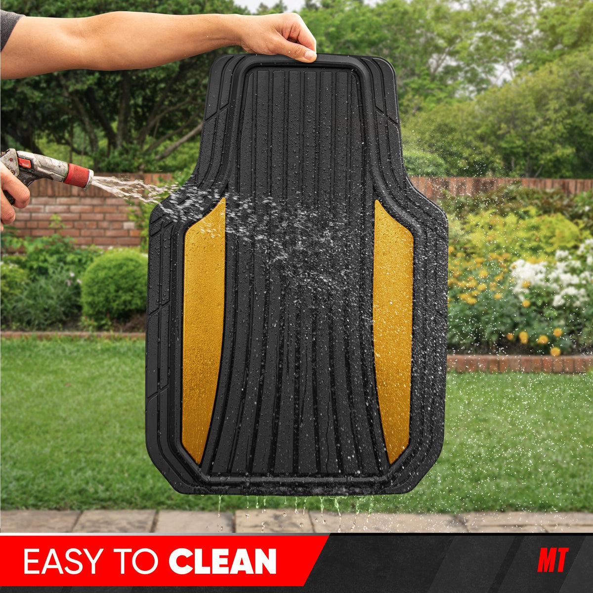 Motor Trend ChromeTech Car Floor Mats Full Set - Durable Rubber Floor Mats for Cars with Two Tone Accent, All Weather Interior Protection for Front and Rear with Non-Slip Backing, Black/Gold