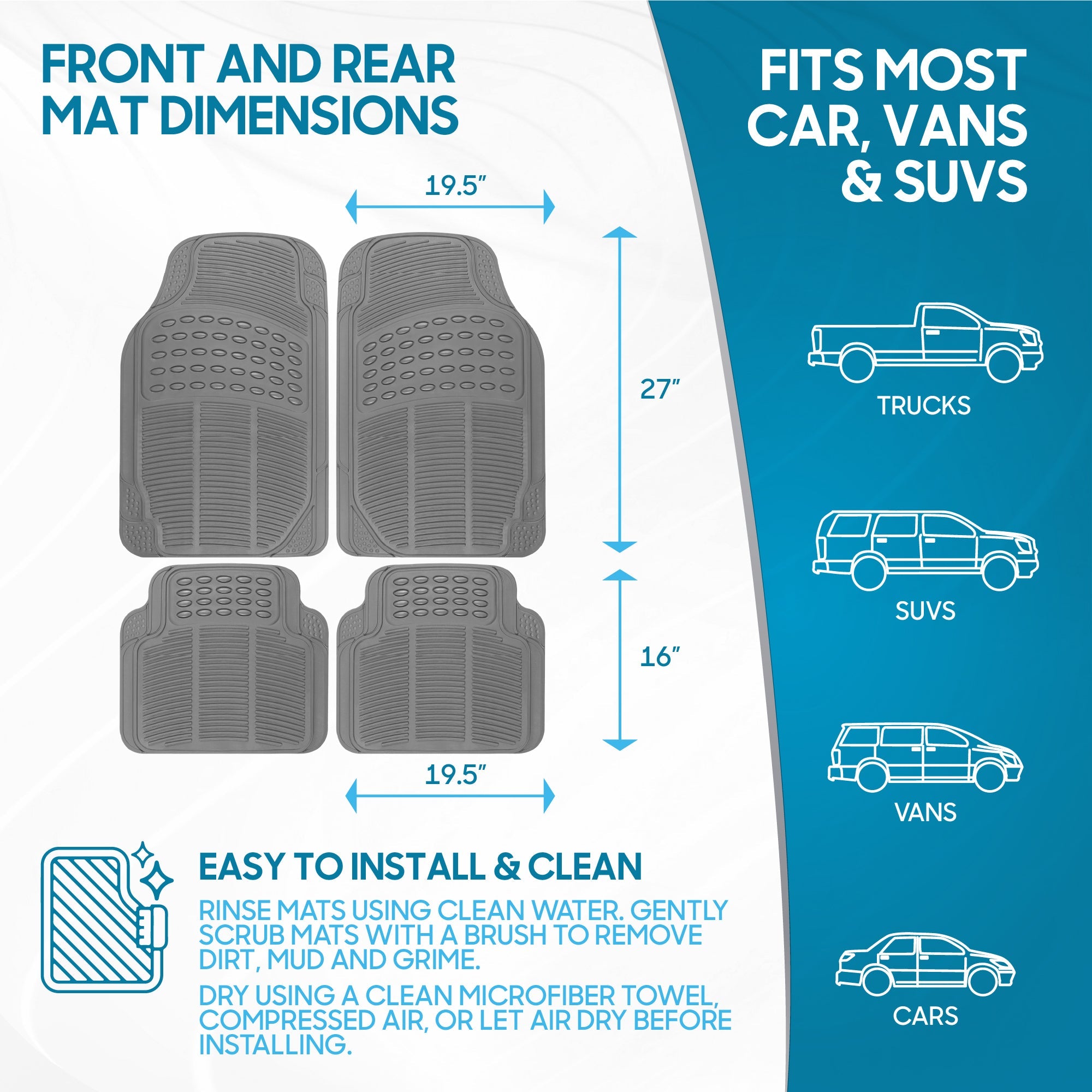 BDK 4-Piece Cushioned Grip Pad Front Floor Mats and Rear Floor Mats - Heavy Duty, All Weather, Trim to Fit