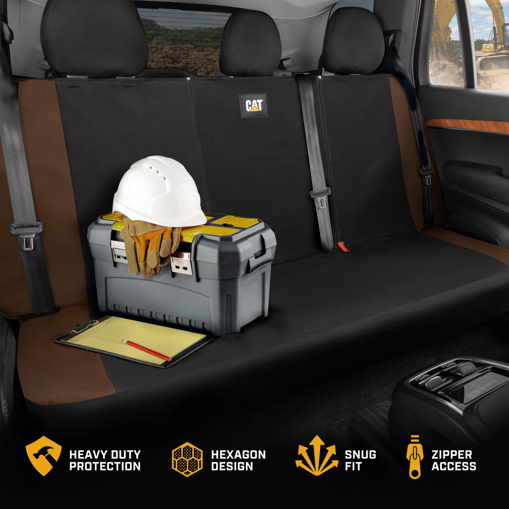 Cat Flexfit Brown Rear Seat Cover for Car – Durable Canvas & Mesh Design 60/40 Split Bench Protector for Cars, Trucks & SUVs – Back Seat Cover for Rear Bench – Interior Car Accessory
