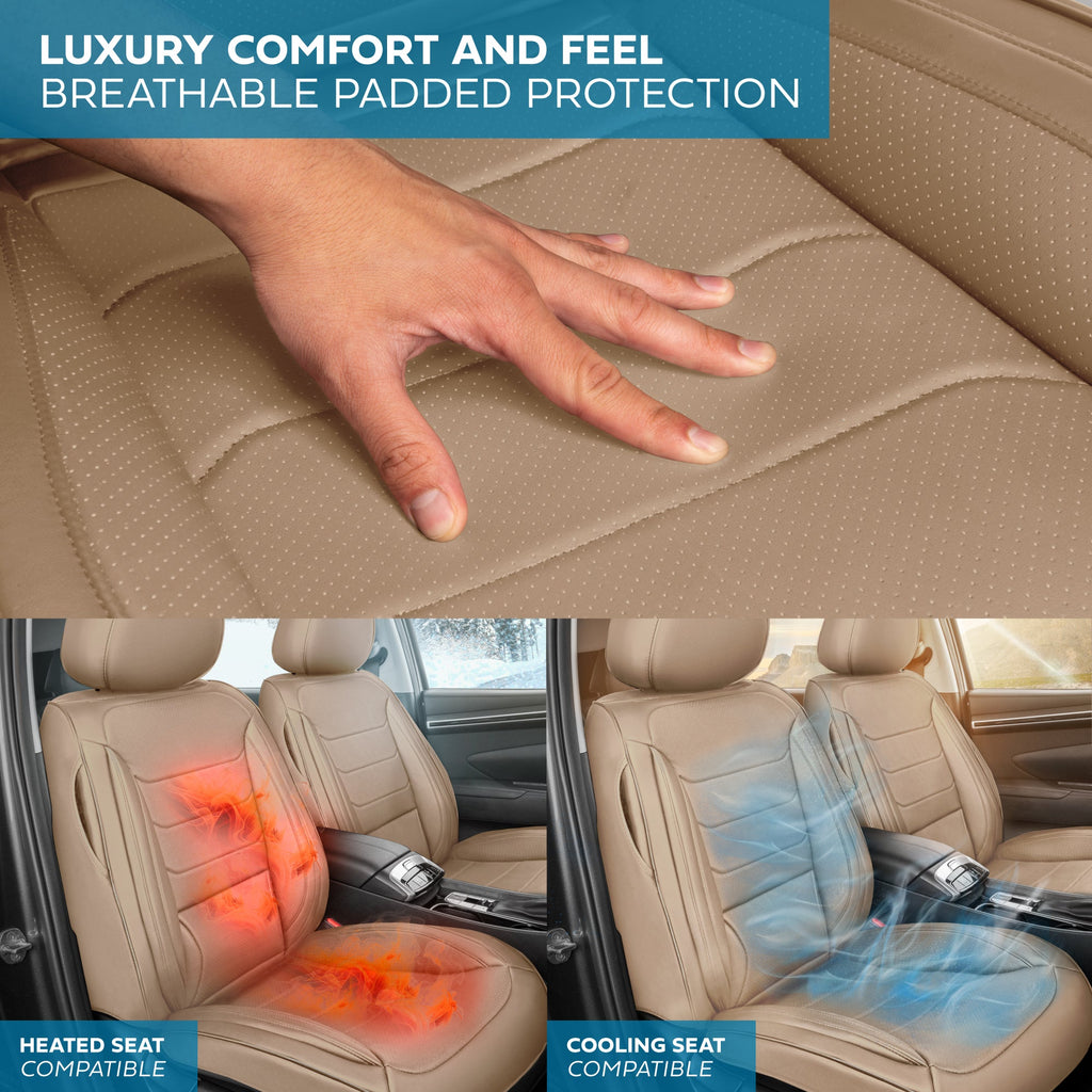 MotorBox Elite Edition Faux Leather Seat Covers for Cars, Trucks, & SUV - 2 Beige Car Seat Covers for Front Seats - Universal Fit Car Accessories Automotive Interior Cover Protector for Most Vehicles
