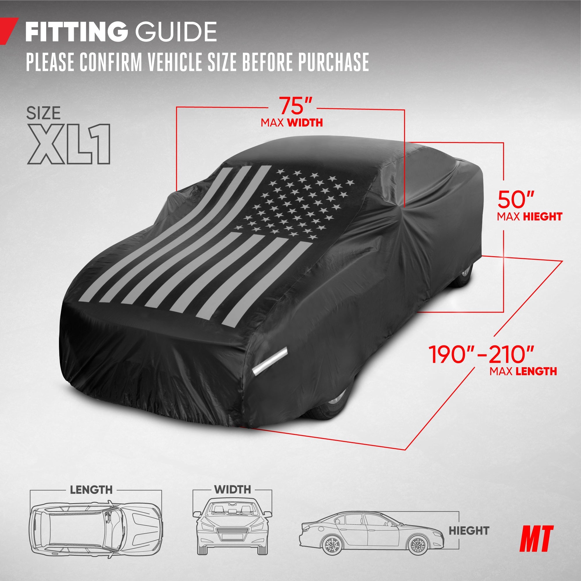 Motor Trend Black USA Flag Waterproof Car Cover - All Weather Outdoor Protection, UV Resistant, Windproof, Scratchproof - Semi-Universal Fit Sedan Full Car Cover for Sun Rain Snow (191"- 210" Length)