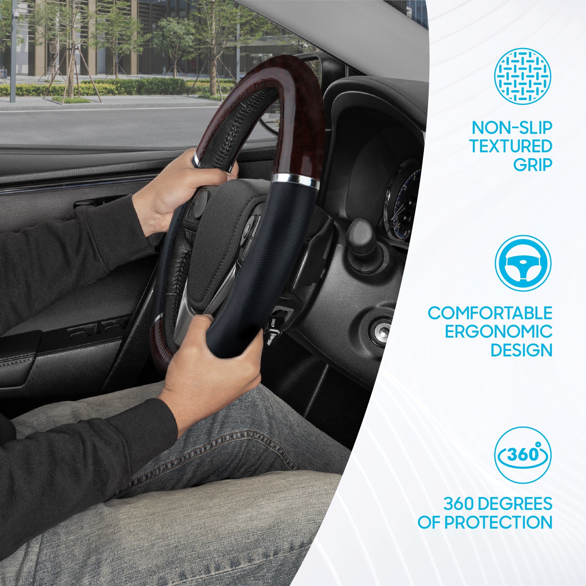 BDK Two-Tone Woodgrain Pattern Steering Wheel Cover (Fits 14.5" - 15.5")
