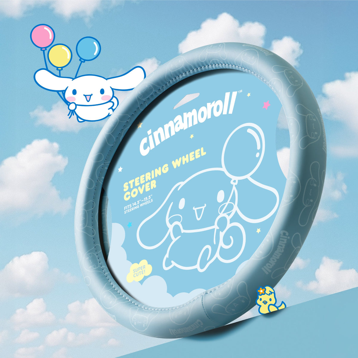 Cinnamoroll Steering Wheel Cover, Official Sanrio Car Steering Wheel Cover with Universal Size 14.5 - 15.5, Cute Blue Steering Wheel Cover for Women, Cinnamoroll Car Accessories (Cinnamoroll Blue Monogram)