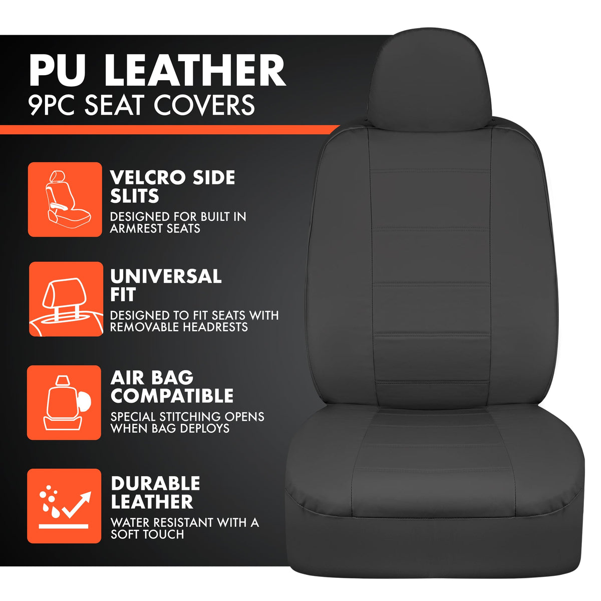 BDK 9-Piece Premium Faux Leather Front Seat Covers and Rear Seat Covers