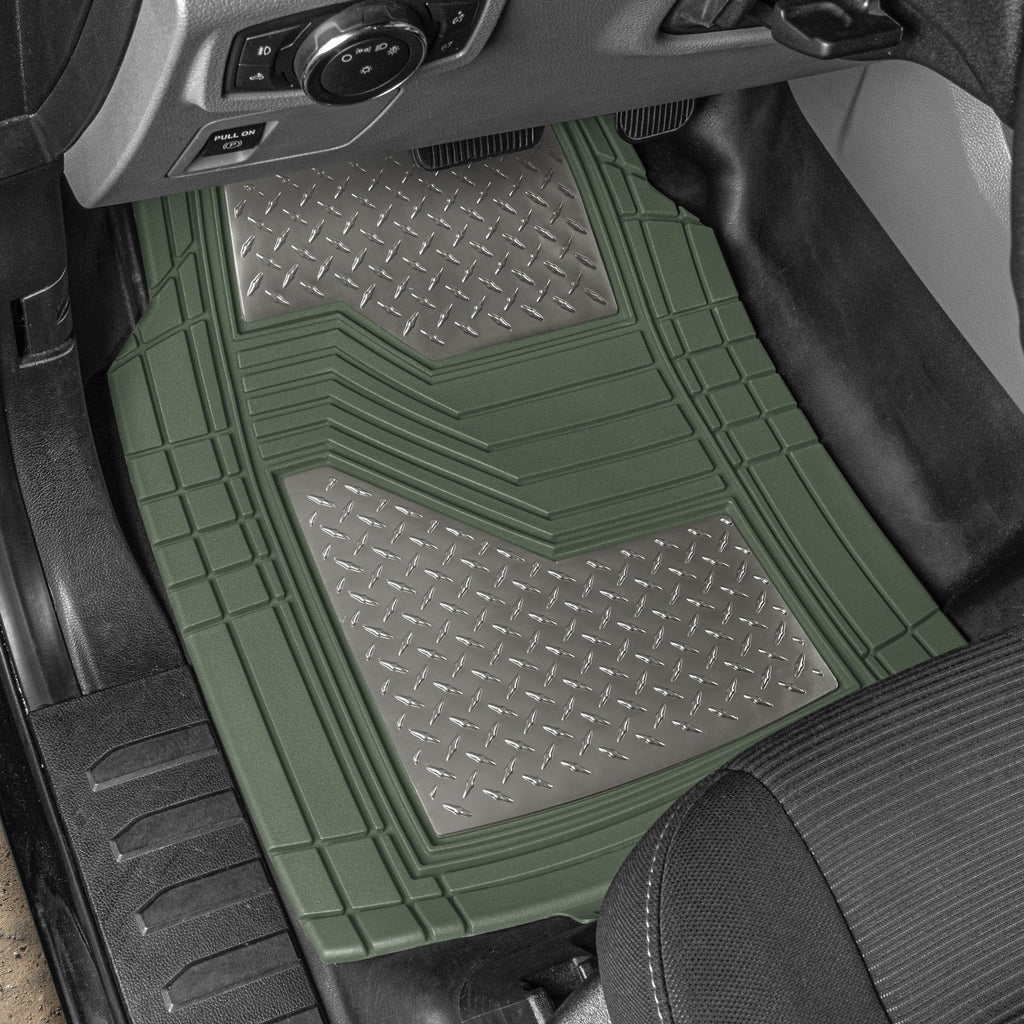 CAT 4-Piece Two-Tone Metallic-Look Front Floor Mats and Rear Floor Mats - Heavy Duty, All Weather, Trim to Fit
