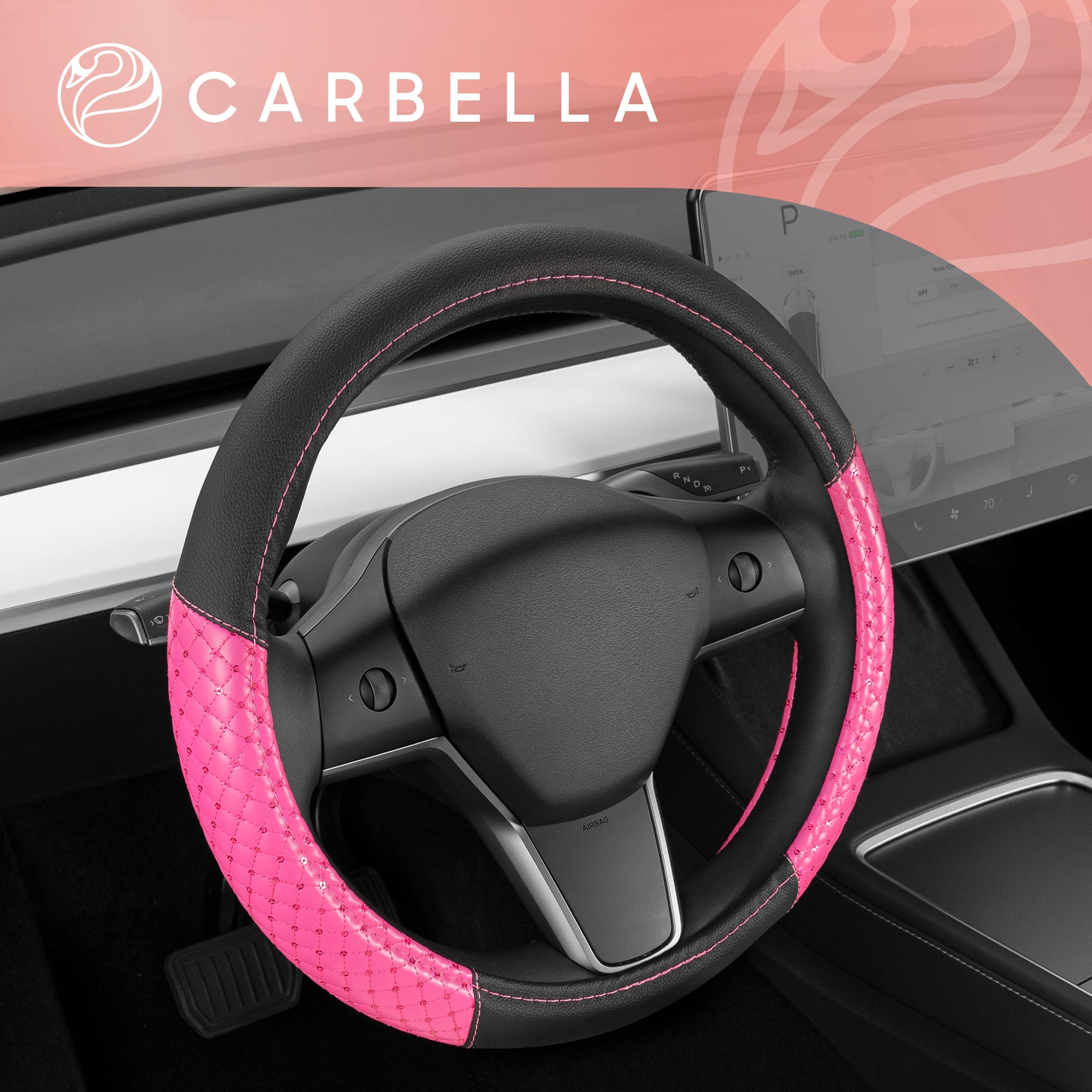 Carbella Pink Sequin Stitched with Crystals Steering Wheel Cover (Fits 14.5" - 15.5") - Pink