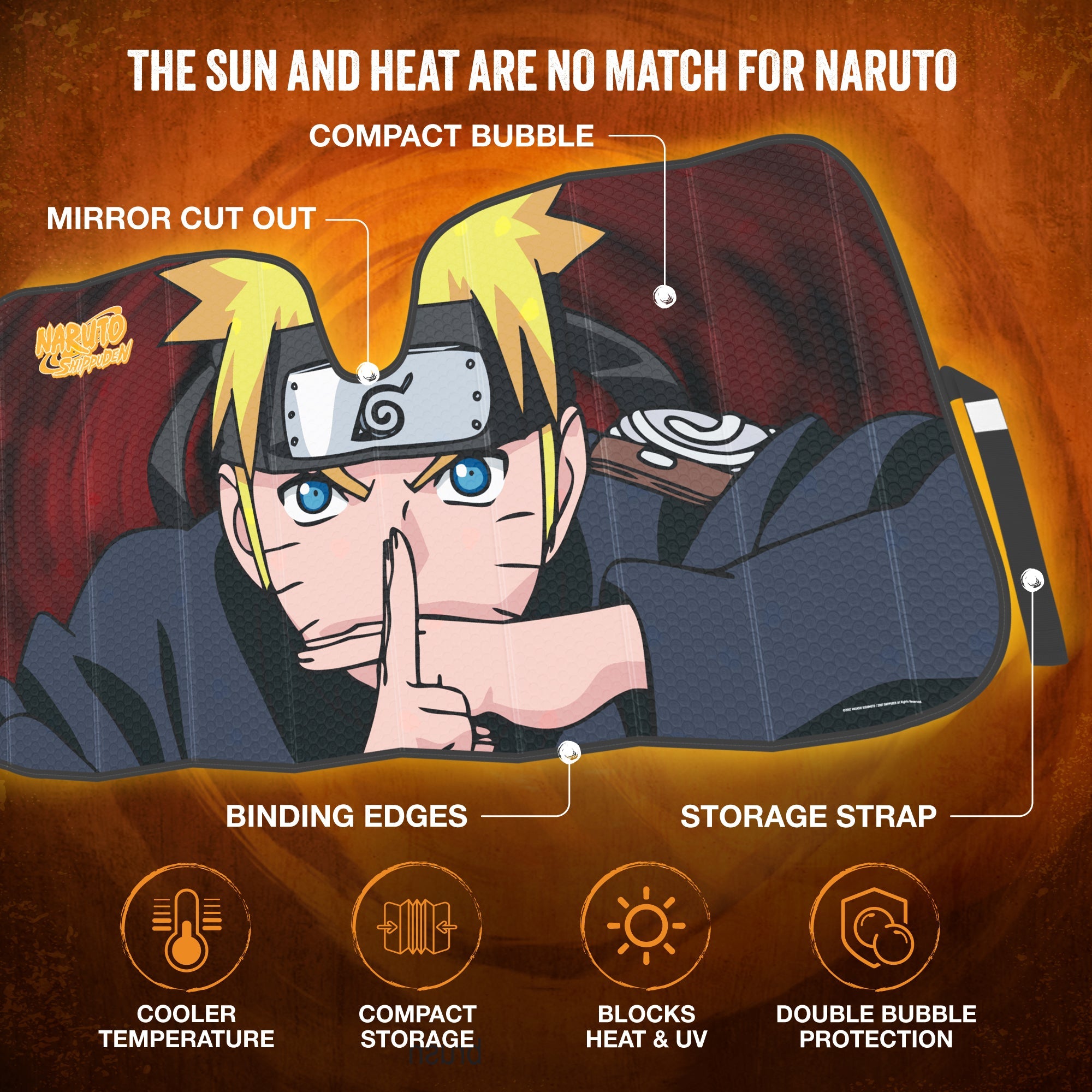 Naruto Shippuden Officially Licensed Windshield Sun Shade - Car Sun Shade Fits Most Autos, Trucks, SUV, & Van - Akatsuki Naruto Merch & Anime Accessories for Cars - Sunshade Car Windshield - 57" x 27"